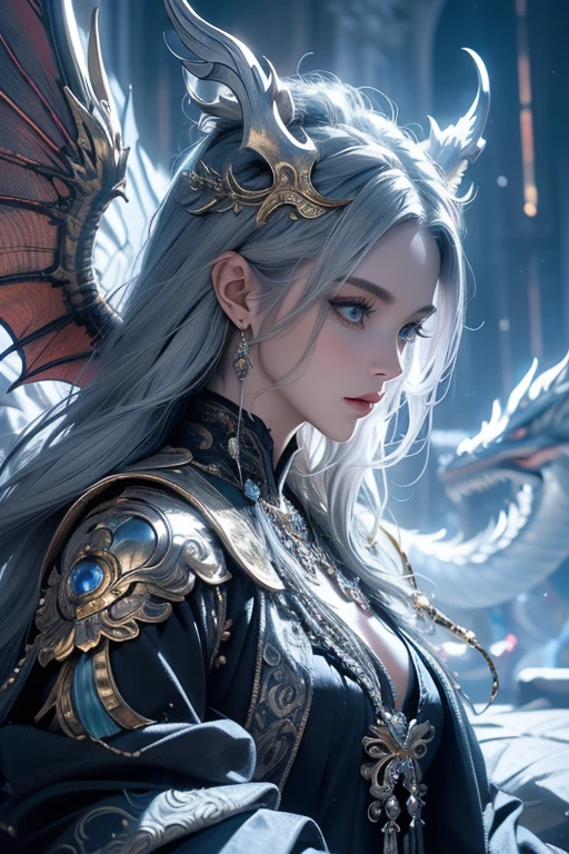 (no explanation) silver-haired dragon girl, detailed eyes, detailed lips, long eyelashes, shiny scales, majestic pose, flying in the sky, fire-breathing, fantasy world, mythical creature, vibrant colors, ethereal lighting, high-res masterpiece:1.2, magical atmosphere, mystical aura, breathtaking scenery, dragon wings, elegant and graceful, surreal landscape, intricate details, otherworldly beauty, enchanting presence, powerful and regal, silver and gold accents, mesmerizing gaze, flowing mane, mythical beast, legendary guardian, epic fantasy