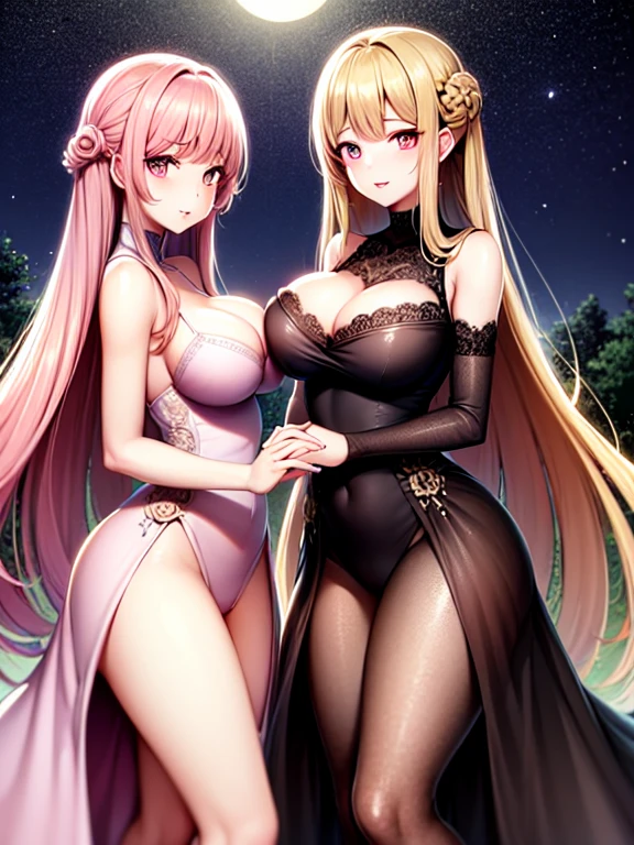 masuter piece　top-quality　Top image quality　((30-year-old beauty)) ((lace evening dresses))　(cleavage of the ??????) full bodyesbian　Park at night　moonlights