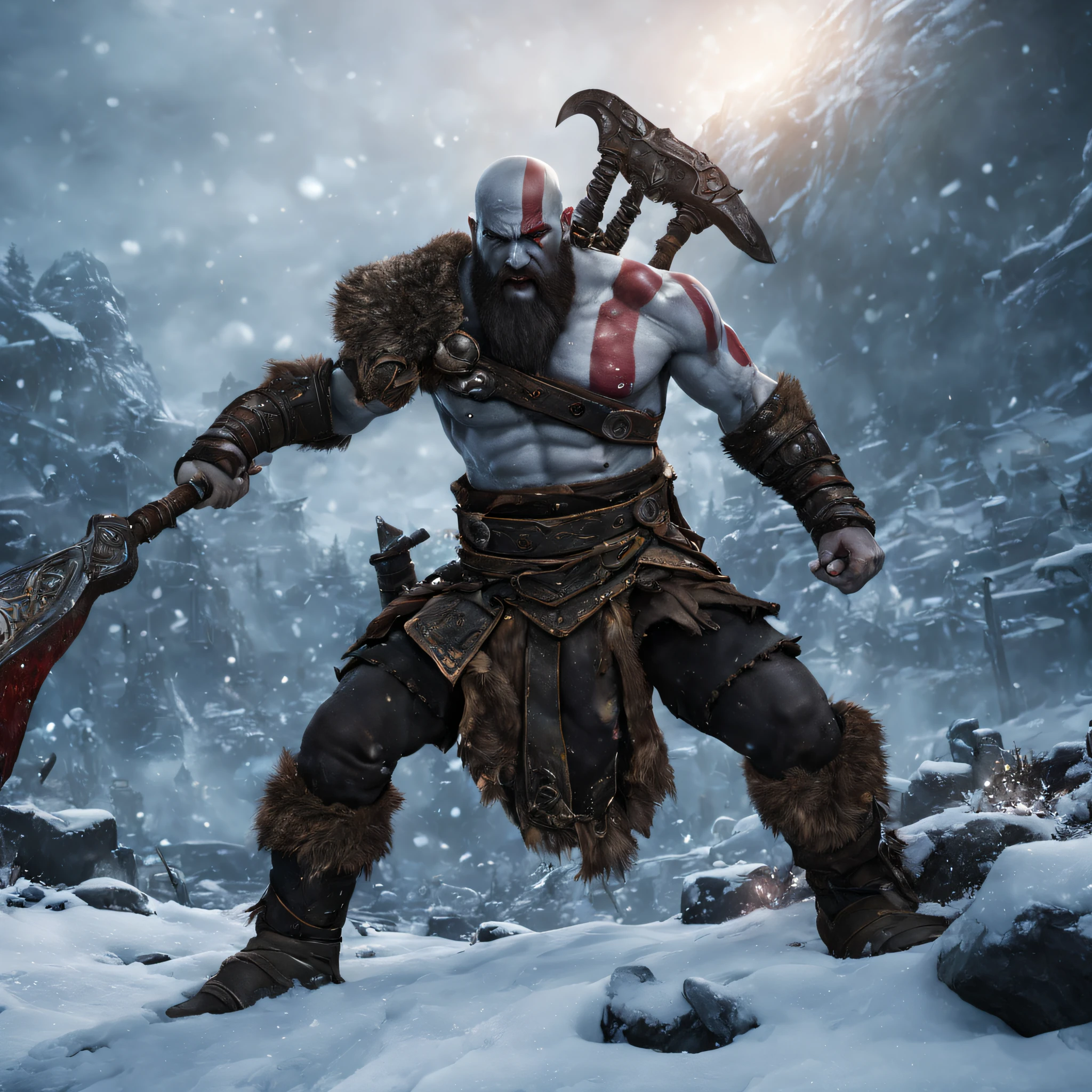 In the realm of God of War: Ragnarok, a majestic and awe-inspiring winter wonderland unfolds, Portrait of kratos, blending the grandeur of Norse mythology with the serene beauty of a snow-covered landscape, glowing light, highres, best quality, 16k, UHD, masterpiece