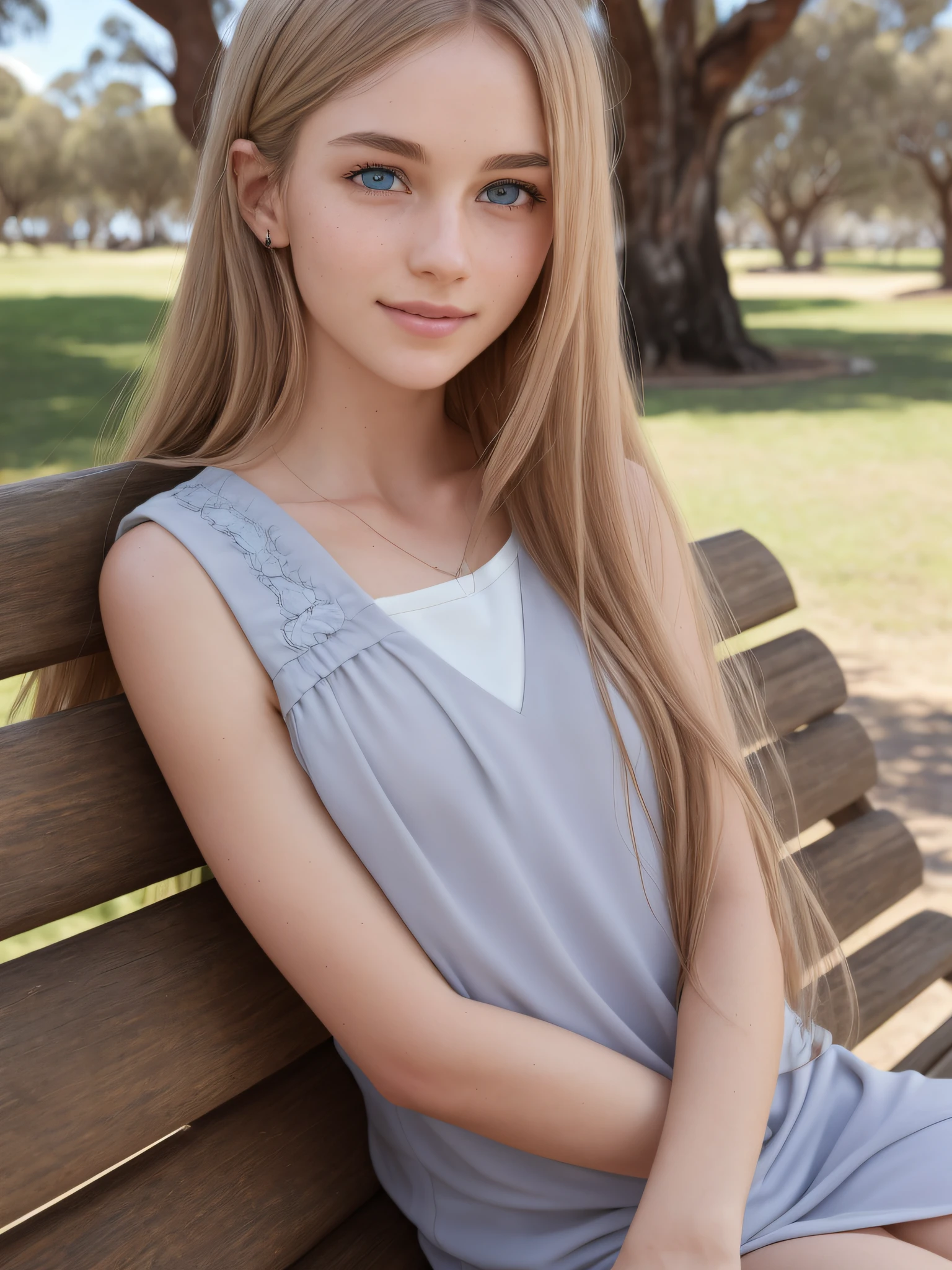 australian girl sitting on a bench in a park, {{{wide angle shot:1.2}}}, {{{full body shot:1.2}}}, {best quality}, {{masterpiece}}, {highres}, extremely detailed girl, {{youthful attractive features}}, {large breast:1.4}, {{australian facial features.4}}, {{{pale skin}}}, {{{detailed face}}}, {photo-realism}, {{perfect anatomy}}, sharp focus, {{{character{1 girl}}}}, solo, {{{pink vneck short sleeveless summer dress}}}, dark blue eyes, {{{{{sharp focus}}}}}, {long straight light brown hair}, {{{detailed cloth texture}}}, {{{detailed skin texture}}}, {{{smooth lighting}}}, {{{australian themed background}}}, light smile, australian setting