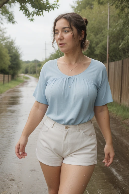 (Best quality, 8k, 32K, Masterpiece, UHD:1.2), beautiful woman, 50 years old, fat body, red t-shirt, light blue shorts, (natural skin), seductive look and small tits), has short hair tied back, blonde hair with few white gray hairs), on the street, (wet dirt road).Hidden female presences look at her.
woman in summer dress, feather blouse, hair in the wind,