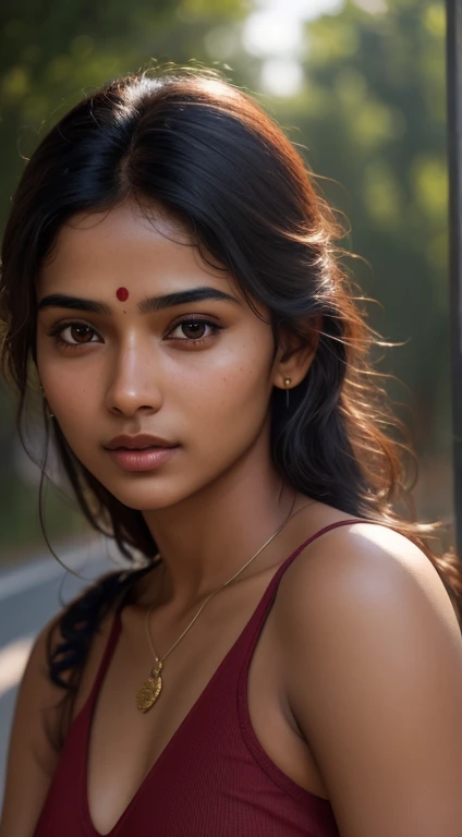 young Indian girl, 18-year-old, red top, gentle lighting, intricate facial details, flawless complexion, top-notch 3D rendering, hyper-realistic, shot on Indian road. photorealistic digital art trending on Artstation 8k HD high definition detailed realistic, detailed, skin texture, hyper detailed, realistic skin texture, armature, best quality, ultra high res, (photorealistic:1.4),, high resolution, detailed, raw photo, 400 camera f1.6 lens rich colors hyper realistic lifelike texture dramatic lighting unrealengine trending on artstation cinestill 800