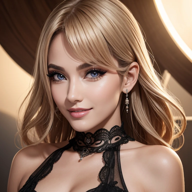 best quality, foto fashion, high resolution, 8k, Mulher, cabelos encaracolados, fake eyelashes, olhando para o observador, sorrisinho