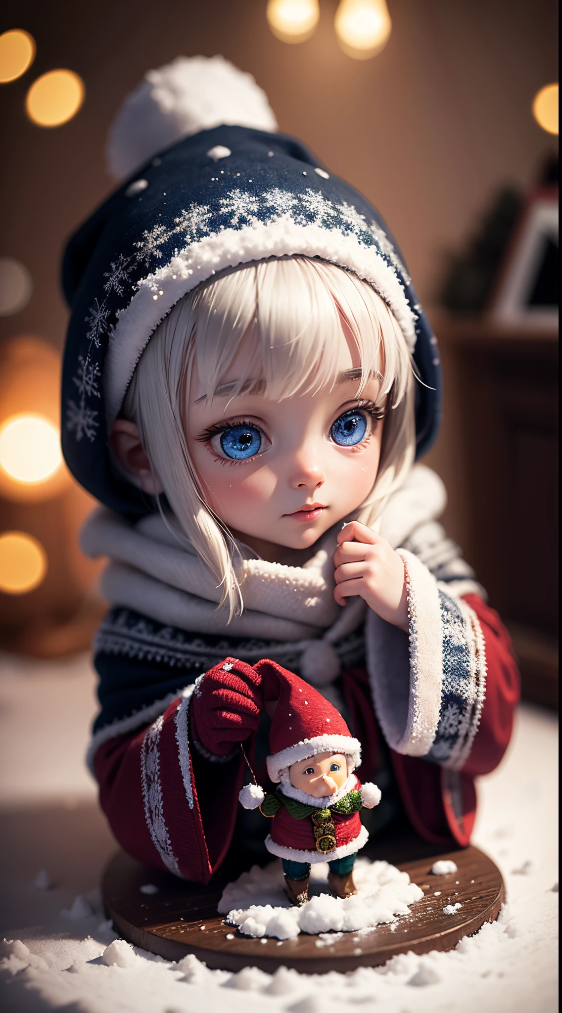 Under the cloak of night As the snow falls outside, a little knitted gnomes sits under the Christmas tree, a symbol of holiday cheer and the joy of giving . (((Detailed faces, detailed eyes))), Nikon DSLR, with its High-key lighting, transforms the setting into a surreal, enchanting dreamscape. The miniature model's journey through the snowy night becomes a whimsical tale frozen in time.