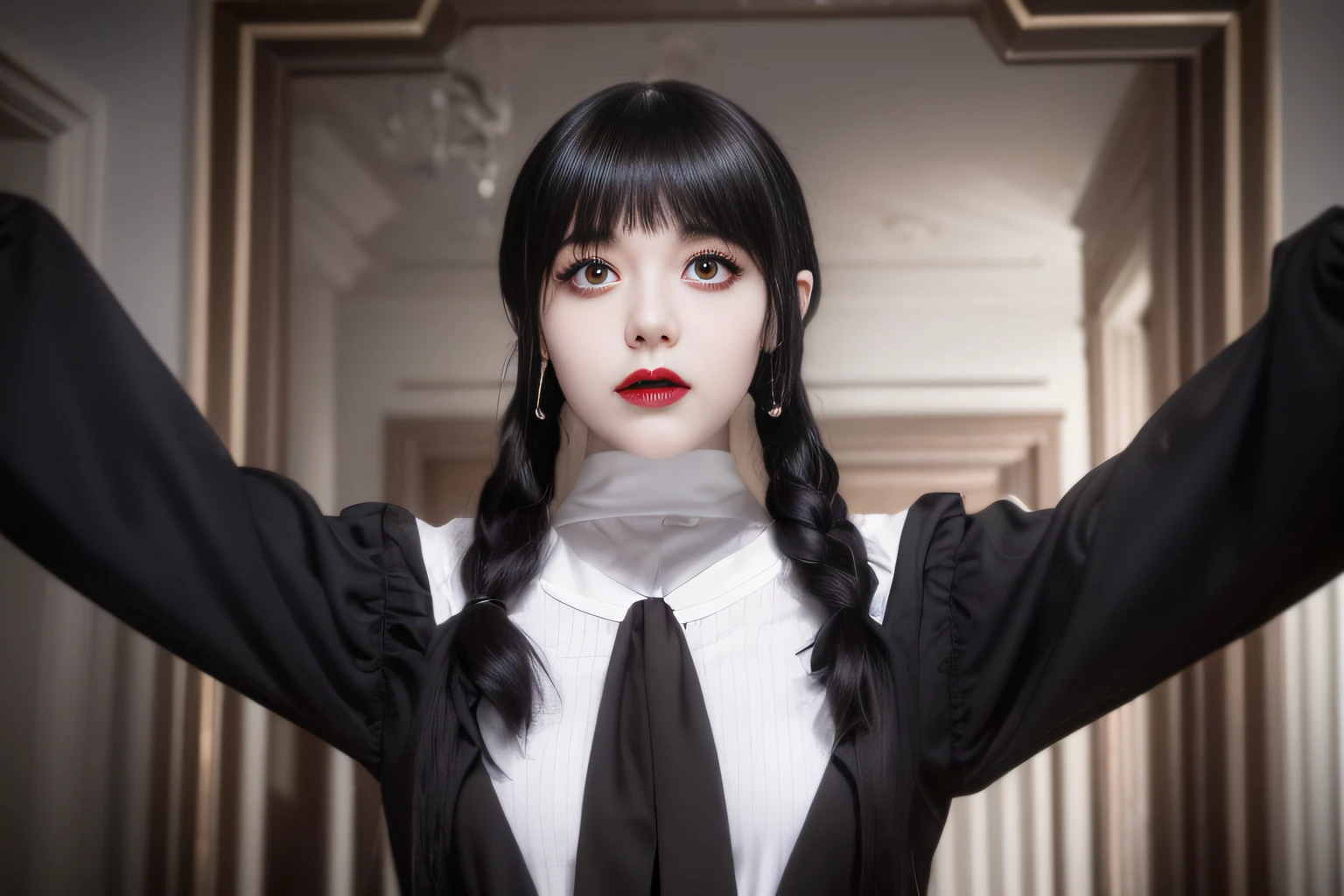 Arafed woman with black hair, black tie and white shirt, with black pigtails, as Wednesday Addams, Wednesday Addams, Hairstyle with two pigtails, Hairstyle: pigtails, Portrait of a cute gothic girl, Black hair and white bangs, Woman with black hair, pigtails, hairsh, Girl with pigtails, She has black hair with bangs, pigtails