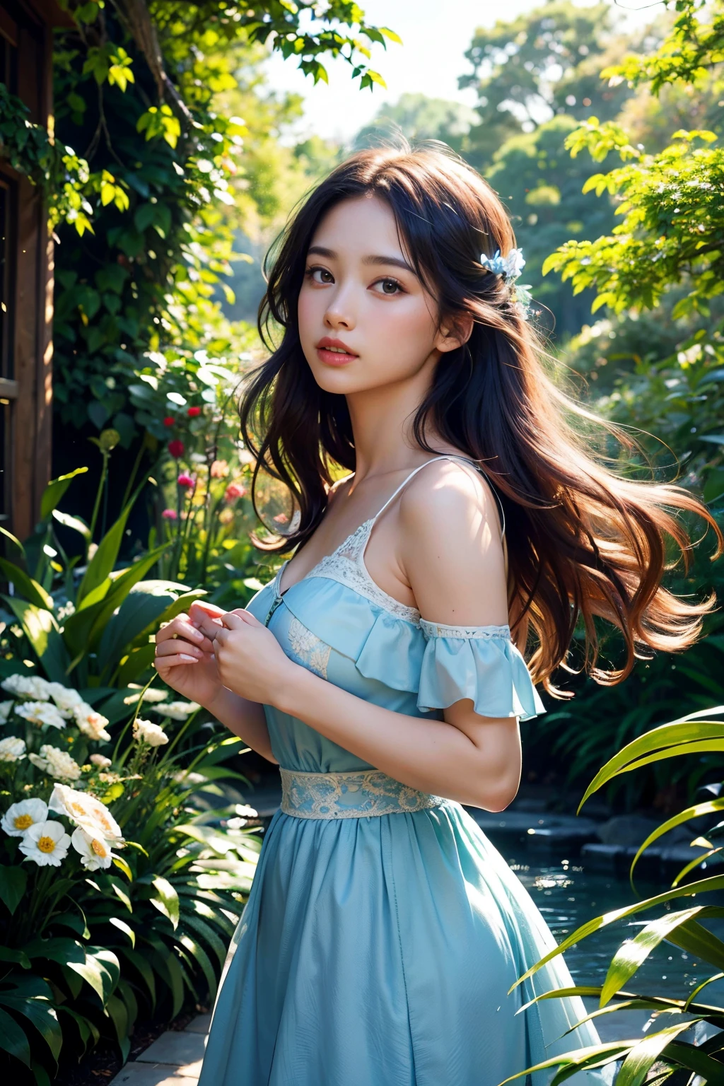 (best quality,4k,8k,highres,masterpiece:1.2),ultra-detailed,(realistic,photorealistic,photo-realistic:1.37),A girl staring at the night under the new moon,moonlight illuminating her face,serene expression,breathtakingly beautiful,long and flowing hair,sparkling eyes,rosy cheeks,peaceful atmosphere,enchanted garden,nature surrounding her with vibrant flowers,butterflies dancing around her,soft moonlight casting a magical glow,hint of mystery and wonder,impressionistic painting style,vivid colors blending seamlessly,golden hues with a touch of cool blue,subtle play of shadows and highlights,ethereal and dreamlike setting,delicate brushstrokes creating a sense of movement and depth,subtle details capturing every nuance and emotion,masterful use of light and contrast,creating a mesmerizing and unforgettable scene.