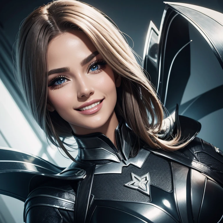 best quality, foto fashion, high resolution, 8k, Mulher, super heroi, cabelos encaracolados, fake eyelashes, olhando para o observador, sorrisinho