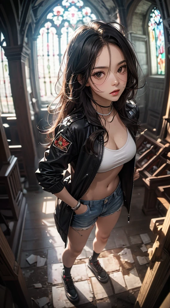 ((8k wallpaper of extremely detailed CG unit, ​masterpiece, hight resolution, top-quality)), (Beautuful Women, Hands in pockets:1.5, Grunge Fashion, Wearing a blouson:1.2, Wearing micro mini shorts:1.2, Wearing shoes:1.1), ((extra detailed face, Highly detailed black eyes, extra detailed body, Top quality real texture skins)), (A dark-haired, hair messy, de pele branca, Exposed belly), (Inside the abandoned church, stain glass), (high-angle:1.2, Fisheye:1.3), hyper realisitic, digitial painting,