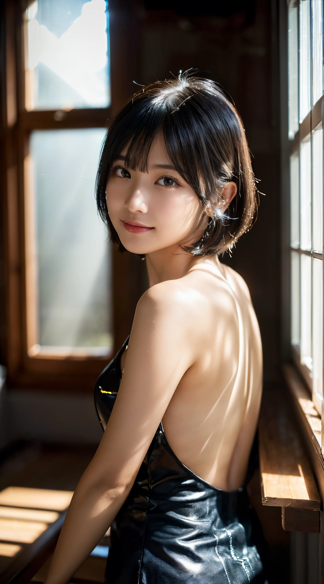 (top-quality,8K picture quality,masterpiece:1.3,),(超A high resolution,Photorealsitic:1.4,Raw photography),(ultra-detailliert,shinny skin,Detailed skin),(Detailed face,Perfect Anatomy,Caustics:1.1),(Strong sunlight:1.4),(Large window in the back:1.3),(A strong flash of light shines through the window:1.3),(A girl surrounded by a dazzling flash:1.4),Black hair short bob,smil,stares at the camera,(Bust-up shot),(front lit:1.3),(Professional Lighting:1.3)