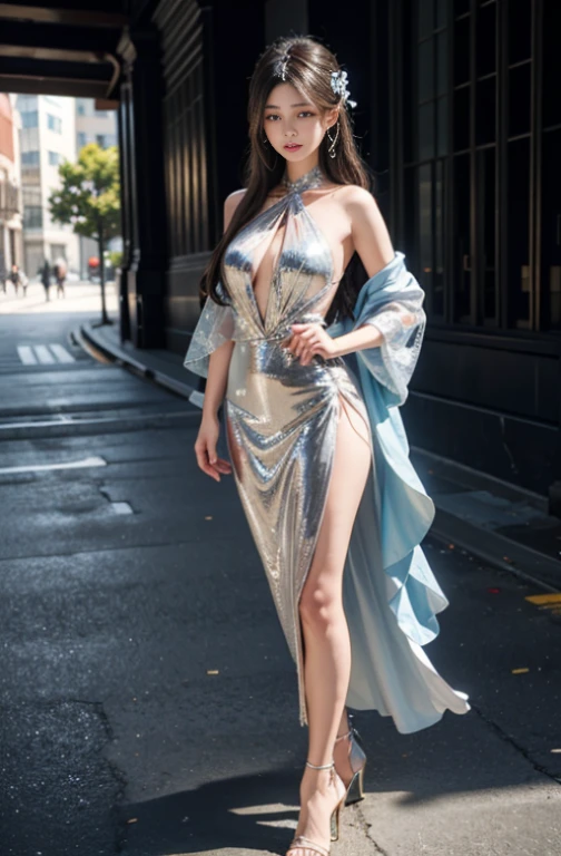(masterpiece, best quality, ultra-detailed, highres), perfect face, sidelighting, lustrous skin, standing,
(bloom), (shine), lighting, ray tracing, sci-fi, city, street, outdoor, depth_of_field,
shenhe \(genshin impact\), silver eyes , hair over one eye, (hair ornament) , breast curtain, high heels, long hair, whirlwind of water