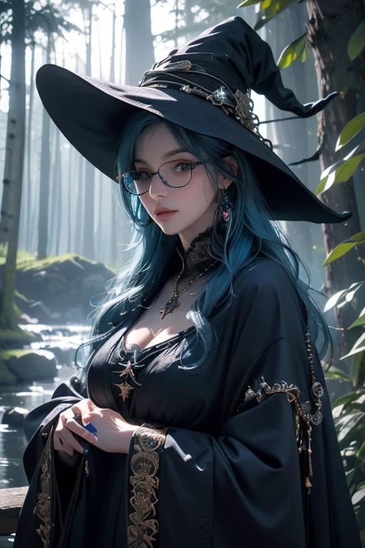 (best quality,highres,masterpiece:1.2),ultra-detailed,(realistic:1.37),(HDR),sexy,blue haired girl with glasses,beautiful detailed eyes,beautiful detailed lips,extremely detailed eyes and face,long eyelashes,witch hat and robe,fantasy landscape,enchanted forest,subtle magical aura,vibrant colors,soft lighting, the witch has water powers