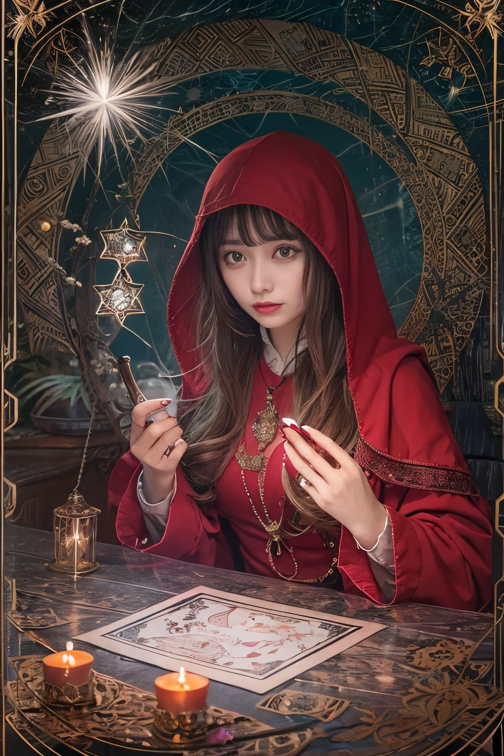 Mysterious woman doing tarot reading,Tarot Reading,cute  face,Blunt bangs, Straight hair, Shiny hair,Medieval mystery clothes,Mysterious fortune teller,Mysterious hermit,White Magician,magical lights,albino,Red Eyes,Red glowing eyes,Magical powers,
