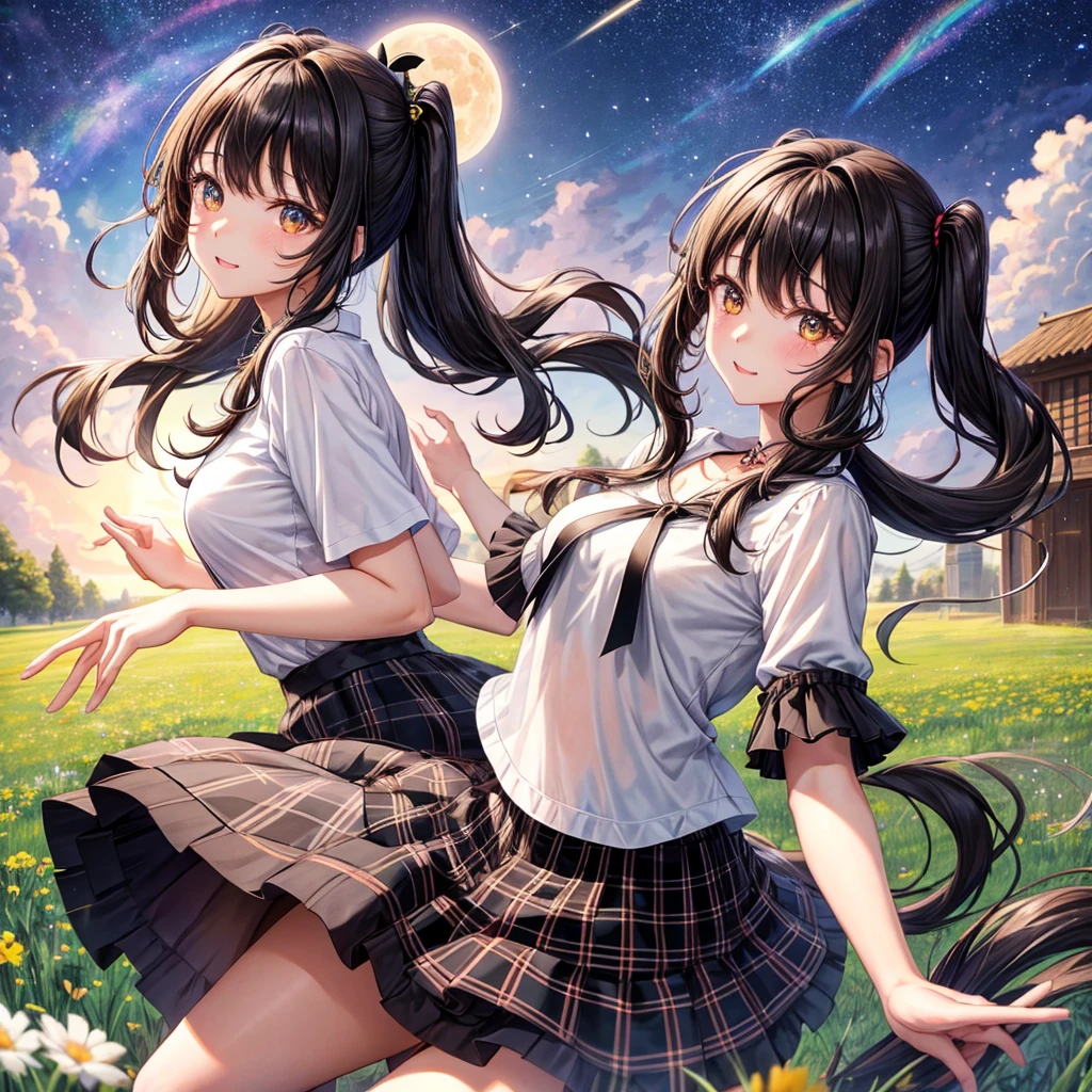 Black brown hair、poneyTail、verd s eyes、one good looking girl、独奏、animesque、lightly dressed、Plaid miniskirt、a black T-shirt、grass field、fullmoon、Meteor swarm、Glittering starry sky、rainbow butterfly flying