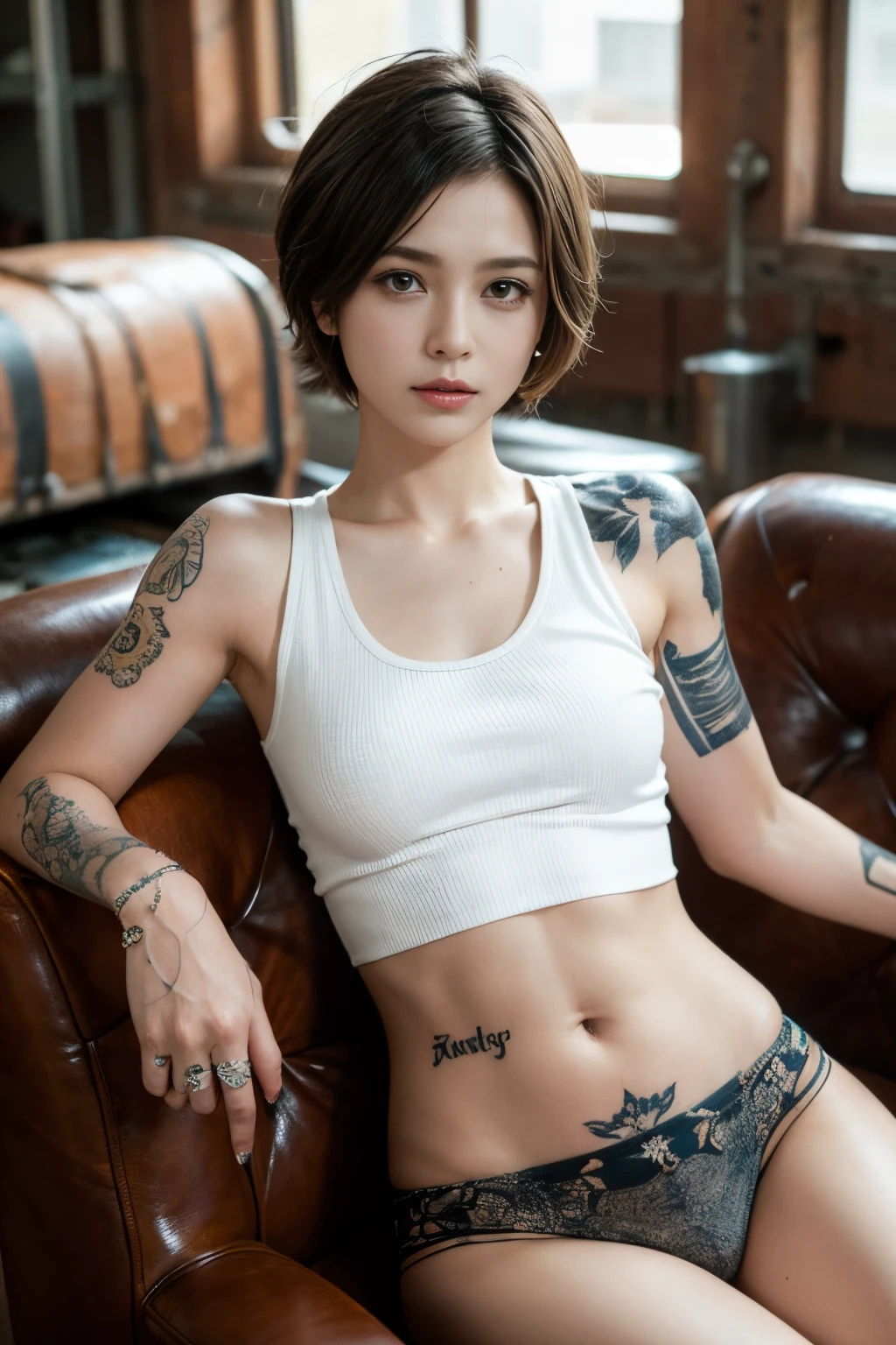 Brown hair belly short hair、Dirty white tank top、Flower tattoos on both arms、Realistic skin texture、28 year old 、punk、Tattoos all over the body 、Leather sofa in an abandoned factory、Old table、Woman sitting、Rugged look