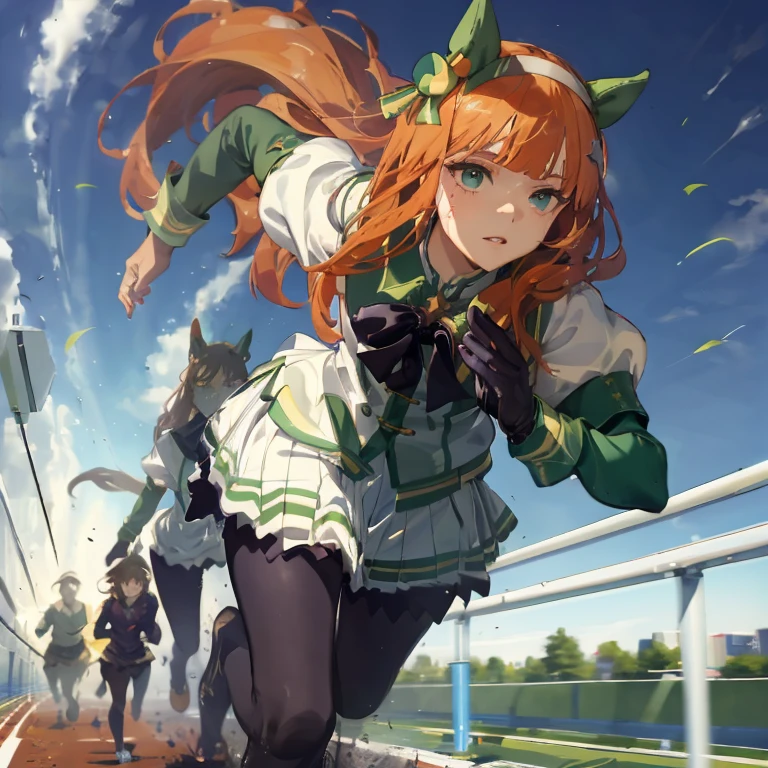 top-quality、Top image quality、in 8K,4K,masterpiece、ultra-detailliert、Beautiful、ultra-quality、Cool、a closeup、Cinematic Angle,foot focus silence suzuka\(Umusume\)、Black Gloves、White skirt、pleatedskirt、Black pantyhose、Layered sleeves、Puffy Short Sleeves、Short sleeve over long sleeve、a black ribbon、(Running:1.5)、Flowing grass、High-speed movement