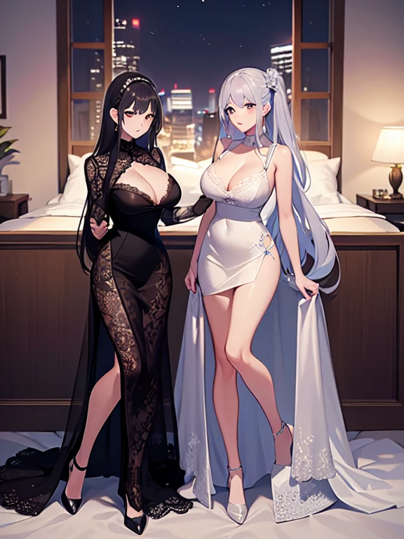 masuter piece　top-quality　Top image quality　((beauty of 30 years old)) ((lace evening dresses))　(cleavage of the breast) full body Esbian　Park at night　moonlights