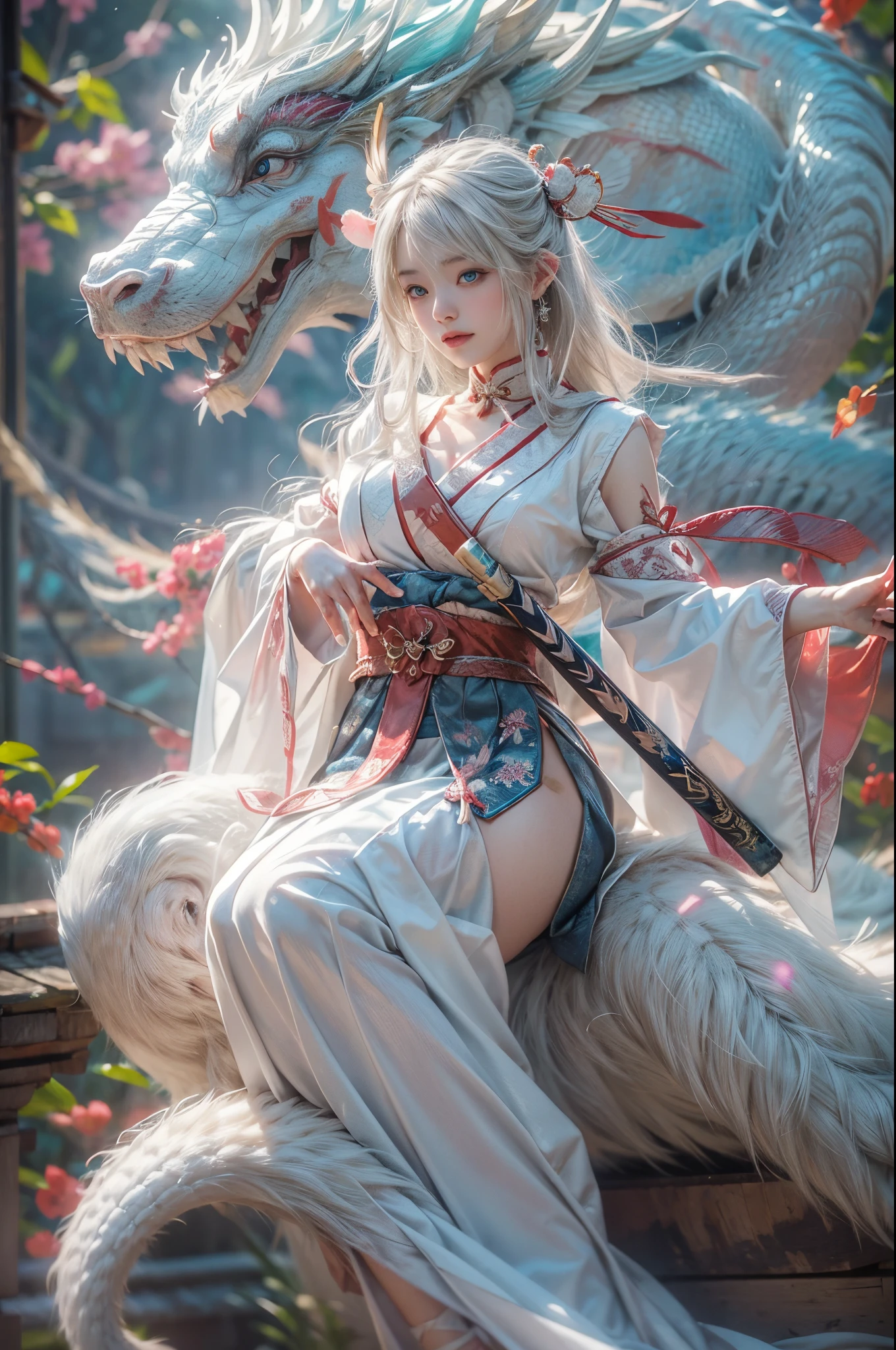 (Photoreal Stick:1.4, masutepiece:1..3, 8K), top-quality, masterpiece, 超A high resolution, Perfect dynamic composition, Professional camera work, Grow Light Effect, Mystical portrait, Cinematic Light, Highly detailed skin and facial texture:1.3, The ultra-detailliert, A detailed eye, (Ride the White Dragon, carry a long noble staff), (myterious:1.3, Fanciful:1.2, tradition:1.2, legends:1.2, majestueux:1.2), 1girl in, 25-years old, cute and sexy slim goddess, Fair skin, (A slight smil:0.9, Totally captivates you:1.0), (japanese miko costume:1.3), (voluptuous breasts:0.9), (back shot beautiful blue eyes, Eyes that feel beautiful eros:0.85), Sexy face:0.4, (A mouthfeel that feels beautiful eros:0.85), ((Too cute beauty:0.9)), Fantastic background, Erase unwanted hands