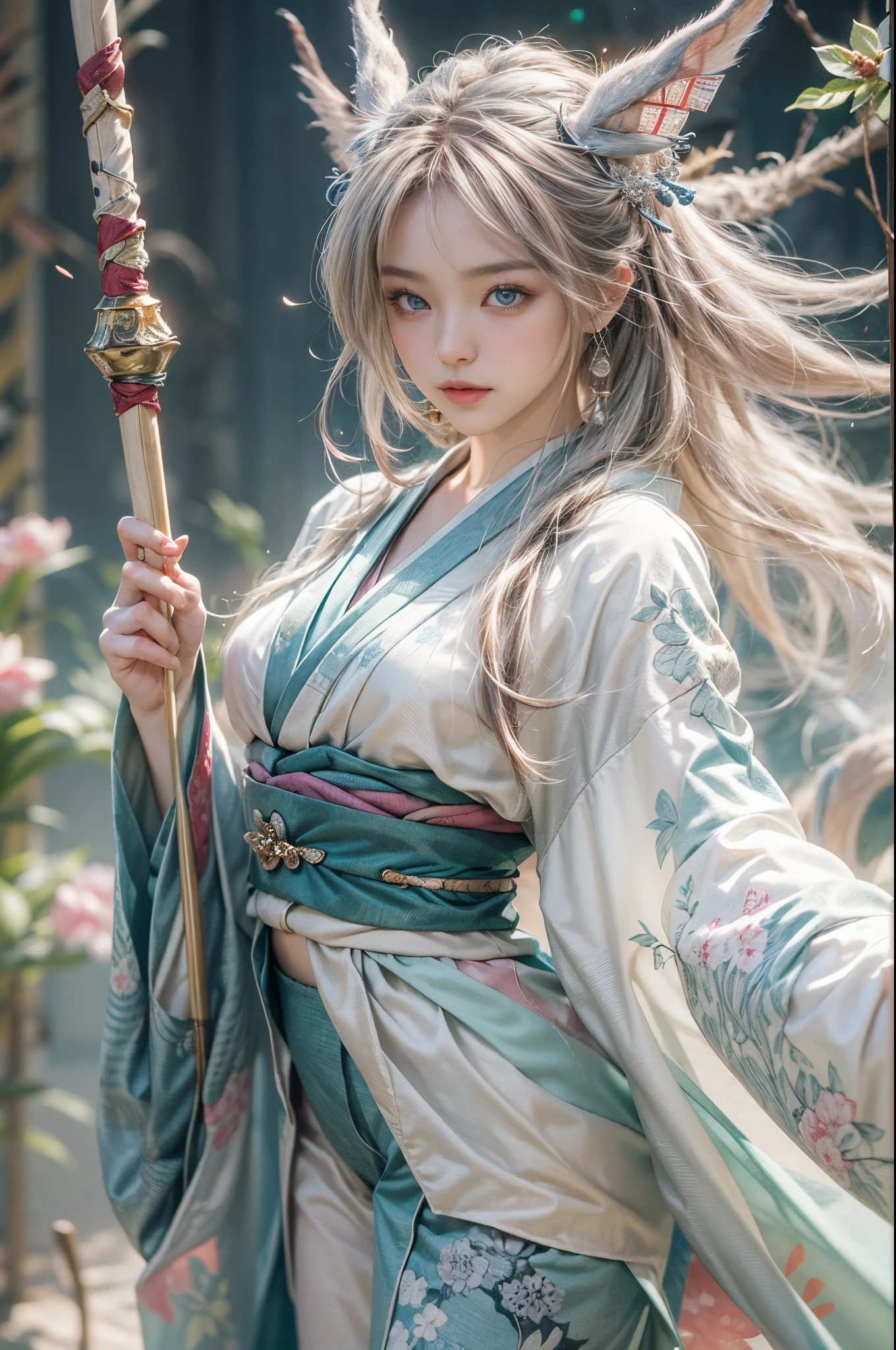 (Photoreal Stick:1.4, masutepiece:1..3, 8K), top-quality, masterpiece, 超A high resolution, Perfect dynamic composition, Professional camera work, Grow Light Effect, Mystical portrait, Cinematic Light, Highly detailed skin and facial texture:1.3, The ultra-detailliert, A detailed eye, (ride a white dragon, carry a long noble staff), (myterious:1.3, Fanciful:1.2, tradition:1.2, legends:1.2, majestueux:1.2), 1girl in, 25-years old, cute and sexy slim goddess, Fair skin, (A slight smil:0.9, Totally captivates you:1.0), (japanese kimono:1.3), (voluptuous breasts:0.9), (back shot beautiful blue eyes, Eyes that feel beautiful eros:0.85), Sexy face:0.4, (A mouthfeel that feels beautiful eros:0.85), ((Too cute beauty:0.9)), Fantastic background, Erase unnecessary hands