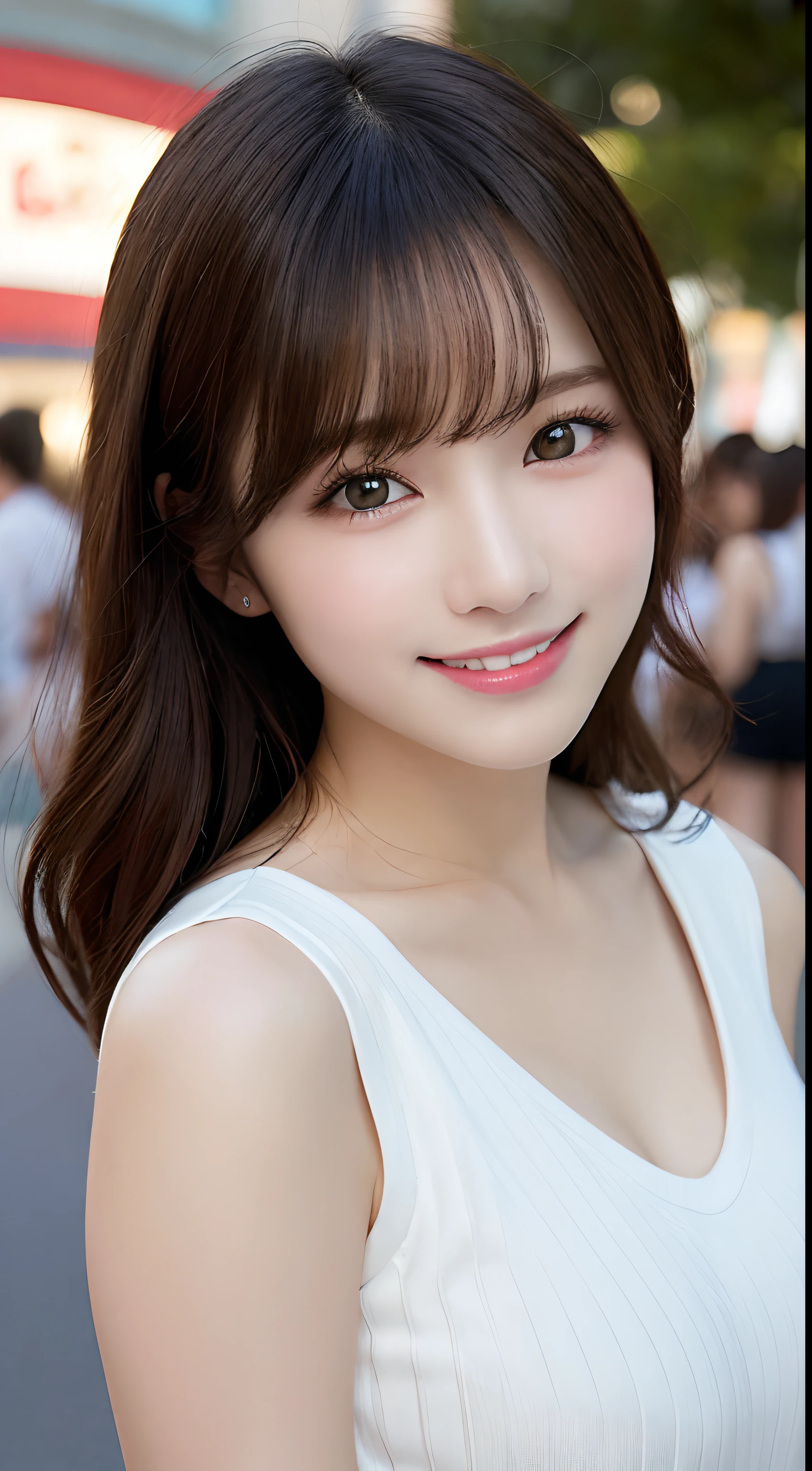 masutepiece, Best Quality, Illustration, Ultra-detailed, finely detail, hight resolution, 8K Wallpaper, Perfect dynamic composition, Beautiful detailed eyes, Women's Fashion Summer,Medium Hair,Small breasts natural color lip, Bold sexy poses,Smile,Harajuku、20 years girl、Cute、Sexy shot looking at camera