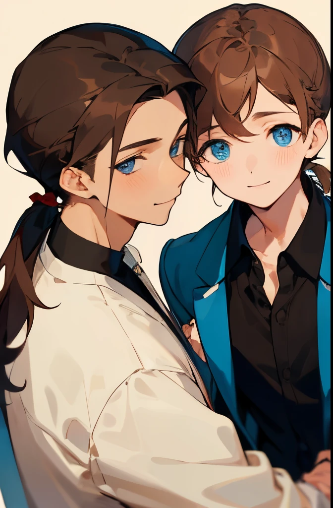 (Two beautiful young men、A young man with short brown hair and a young man with a brown ponytail、25-years old, blue eyess，A smile, Brown hair)、combi、beatiful backgrounds、chum