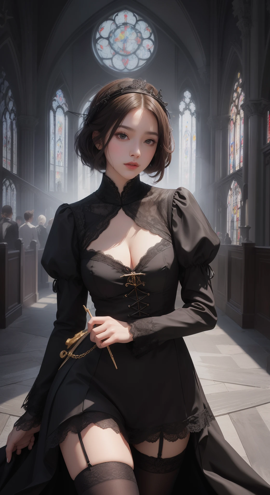 tmasterpiece,Highest image quality,Beautiful full body portrait of a girl,femele'Short hair details,hair pin,Comes with lace nun and black stockings,Church background,Ultra-detailed details,advanced。At the Pixiv Art Station,Break your own power,Obscenity exposed,R-18G