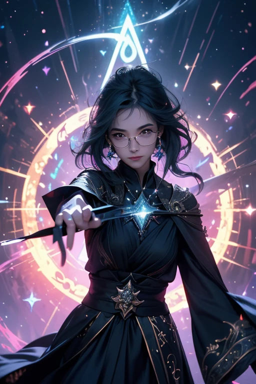 (best quality,4k,8k,highres,masterpiece:1.2),ultra-detailed,realistic:1.37,beautiful detailed eyes,beautiful detailed lips,extremely detailed eyes and face,longeyelashes,blue-haired,sexy mage,(glasses),[dark background],spellcasting,enchanted staff,[mysterious aura],alluring gaze,magical elements,flowing robes,mystical symbols,sparkling effects,powerful pose,sorcery,flawless skin,colorful gradients,eye-catching lighting,vibrant colors,ethereal atmosphere,raging magical energy,spellbinding beauty,spellbook,alluring magic,mesmerizing visuals,glowing runes,fantasy realm,seductive charm,dark ambiance,hypnotic spell,enchanted landscape,mesmerizing artwork,luminous spells,enchanted world,magical prowess,irresistible allure,spellbound viewers.
