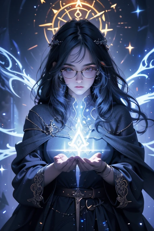 (best quality,4k,8k,highres,masterpiece:1.2),ultra-detailed,realistic:1.37,beautiful detailed eyes,beautiful detailed lips,extremely detailed eyes and face,longeyelashes,blue-haired,sexy mage,(glasses),[dark background],spellcasting,enchanted staff,[mysterious aura],alluring gaze,magical elements,flowing robes,mystical symbols,sparkling effects,powerful pose,sorcery,flawless skin,colorful gradients,eye-catching lighting,vibrant colors,ethereal atmosphere,raging magical energy,spellbinding beauty,spellbook,alluring magic,mesmerizing visuals,glowing runes,fantasy realm,seductive charm,dark ambiance,hypnotic spell,enchanted landscape,mesmerizing artwork,luminous spells,enchanted world,magical prowess,irresistible allure,spellbound viewers.