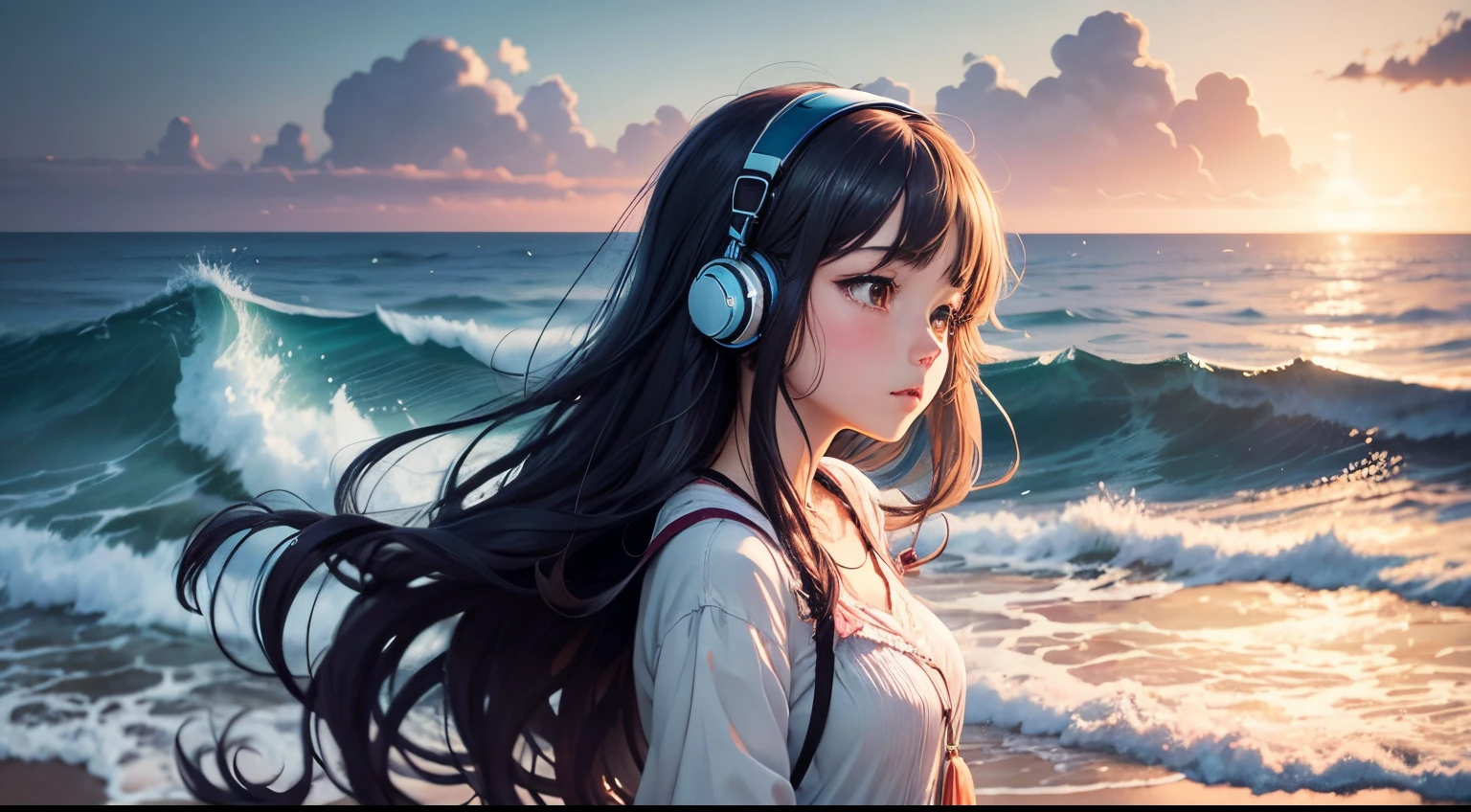 Anime girl listens to music with soft waves against a backdrop of calming ocean colors.