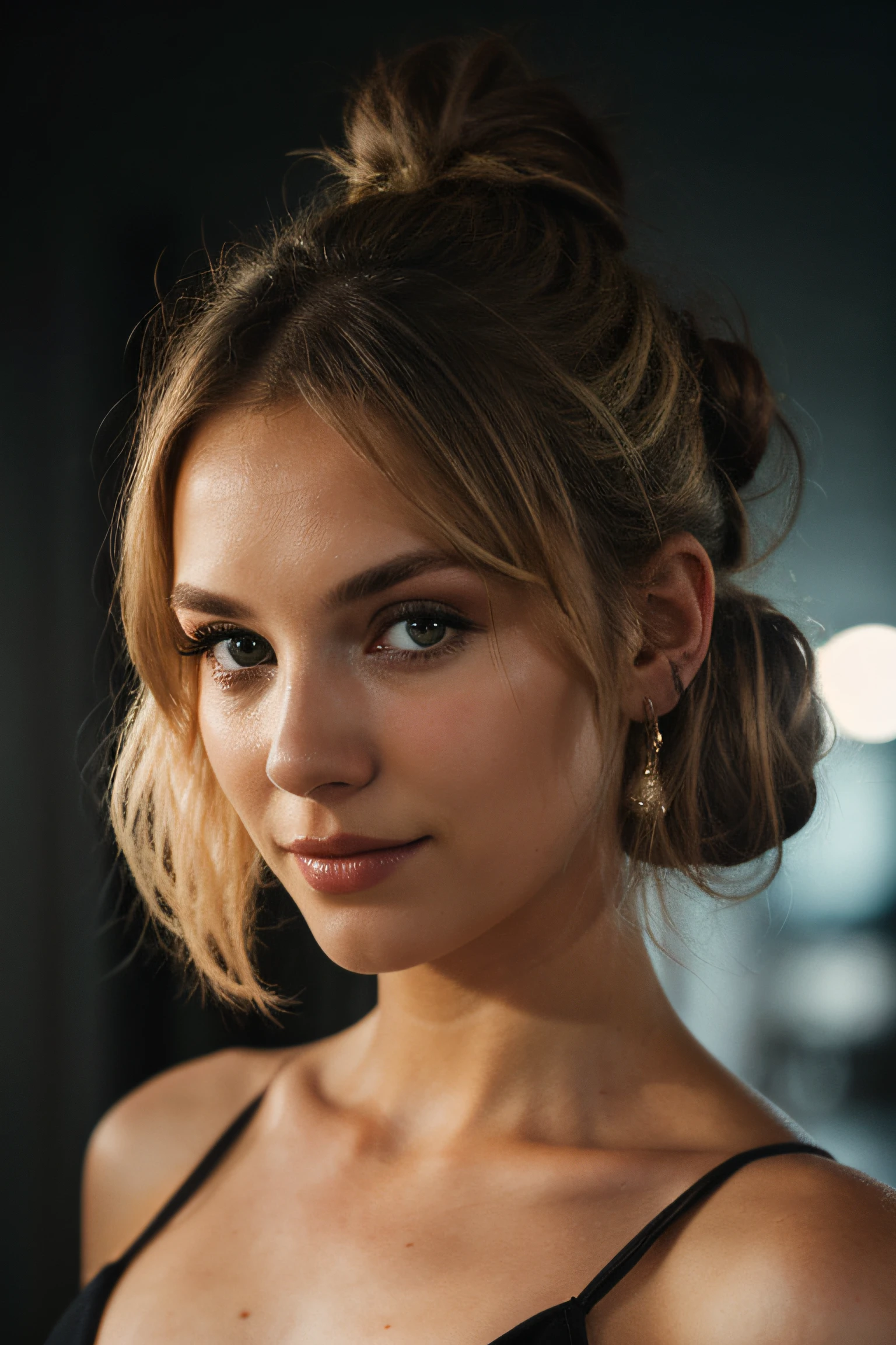 Blonde girl eye contact with hair bun and dark theme in high definition