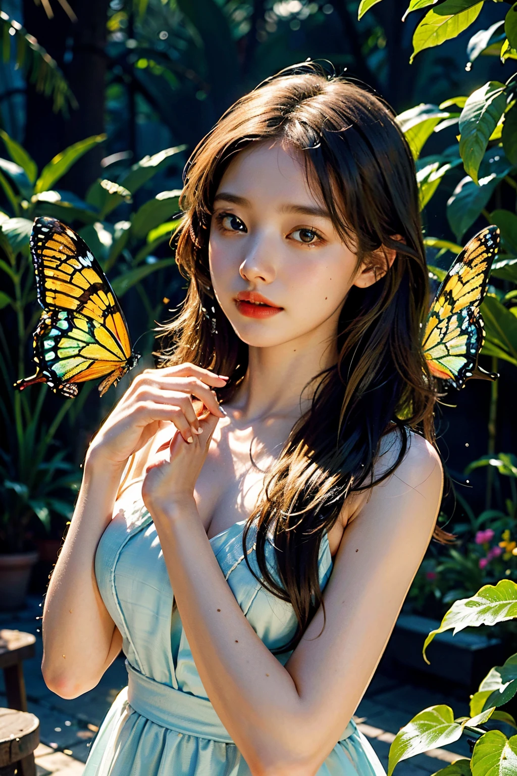 (best quality,4k,8k,highres,masterpiece:1.2),ultra-detailed,(realistic,photorealistic,photo-realistic:1.37),A girl staring at the night under the new moon,moonlight illuminating her face,serene expression,breathtakingly beautiful,long and flowing hair,sparkling eyes,rosy cheeks,peaceful atmosphere,enchanted garden,nature surrounding her with vibrant flowers,butterflies dancing around her,soft moonlight casting a magical glow,hint of mystery and wonder,impressionistic painting style,vivid colors blending seamlessly,golden hues with a touch of cool blue,subtle play of shadows and highlights,ethereal and dreamlike setting,delicate brushstrokes creating a sense of movement and depth,subtle details capturing every nuance and emotion,masterful use of light and contrast,creating a mesmerizing and unforgettable scene.
