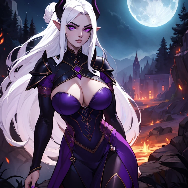 masterpiece, highest quality, (solo focus), (perfect face:1.1), (high detail:1.1), (hyper detailed eyes), dramatic, a tiefling womam with pale skin and long voluminous white hair, purple eyes, solo, long hair, purple horns, toned body, athletic body, moon, night, metal-plated armor, arrogant expression, forest, detailed background, cinematic lighting