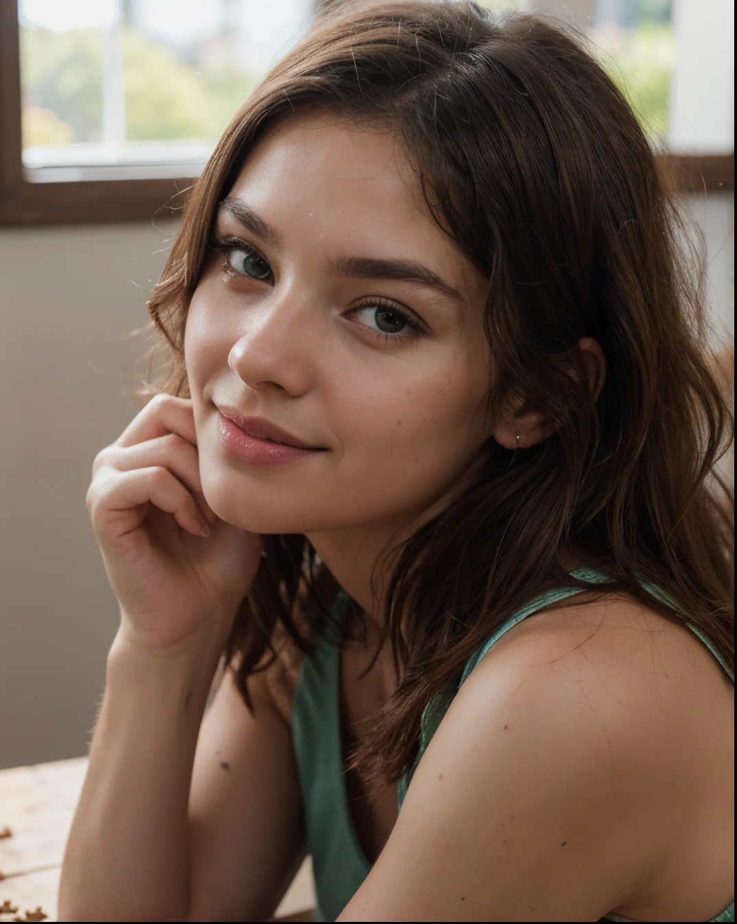 Cute beautiful sexy European light-green-eyed brunette, 22 years old,
laying out a puzzle on a table,
tiny waist, very detailed, innocent face, face-length 1.3 times the face-width, almond-shaped eyes, squared face-shape, high cheekbones, naturally wavy hair, light-green eyes, high-res, masterpiece, best quality, intricate details, very detailed, sharp focus, detailed skin, realistic skin texture, texture, detailed eyes, professional, 4k, charming smile, shot with Canon, light depth of field, Kodak Vision color, perfectly fitting body, extremely detailed, photo_\( ultra\), photorealistic, realistic, post processing, maximum details, roughness, real life, ultrarealistic, photorealism, photography, 8k UHD, photography