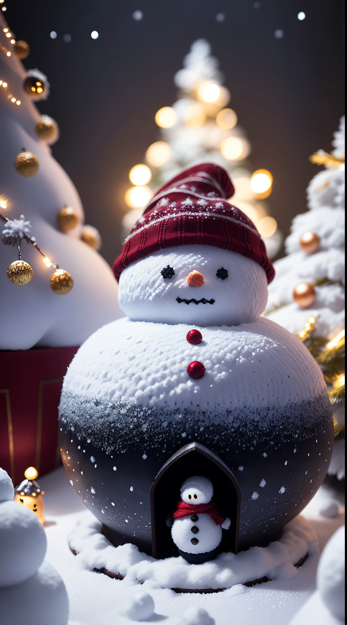 Under the cloak of night As the snow falls outside, a small knitted snowmen sits under the Christmas tree, a symbol of holiday cheer and the joy of giving . Nikon DSLR, with its High-key lighting, transforms the setting into a surreal, enchanting dreamscape. The miniature model's journey through the snowy night becomes a whimsical tale frozen in time.