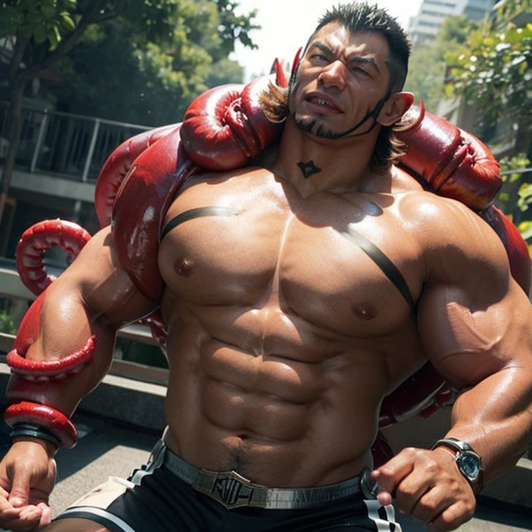 A tight-fitting muscle orc gets toyed with tentacles