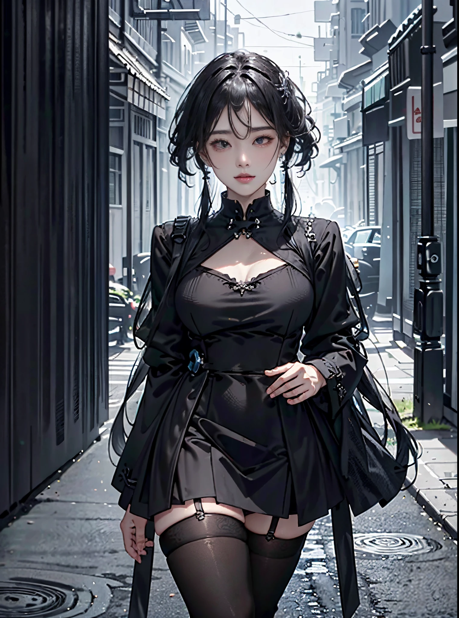 1个Giant Breast Girl,edge lit,黑The eye,The upper part of the body,High top fade in and out,Wearing a black dress and tight skirt,Black high quality stockings,Sexy figure, stunning gradient colors, Black red gothic city street background, (tmasterpiece, Best quality at best:1.4),(realisticlying:1.4)(actual, Photorealistic:1.4),8k ultra high definition,超高分辨率,raw,HighDynamicRange