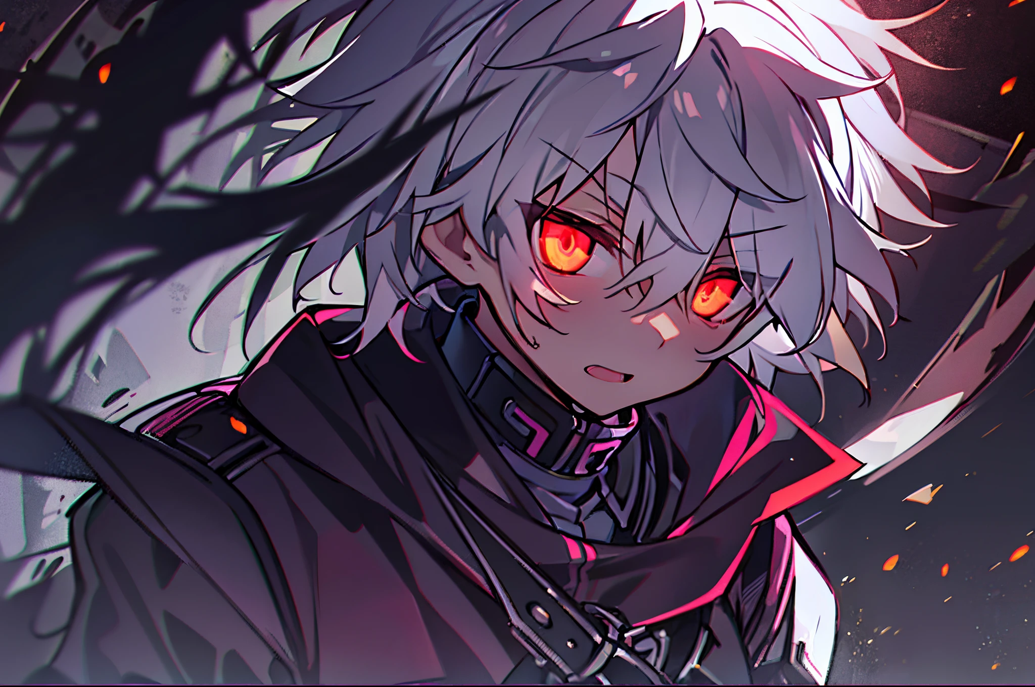 ((One Person)),Anime boy with white hair and red eyes staring at camera, Glowing red eyes,slim, dressed in a black outfit,monochromes,hair messy,deadpan、Diagonal angle,