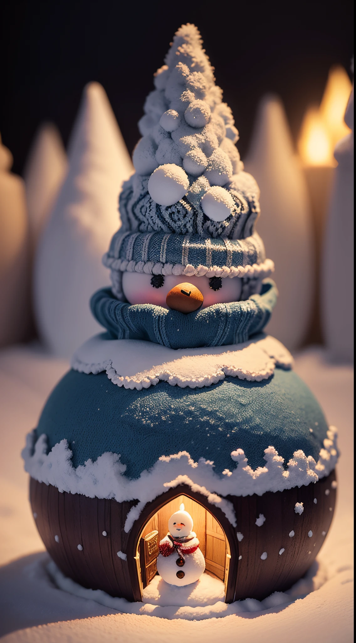 Under the cloak of night As the snow falls outside, a small knitted snowmen sits under the Christmas tree, a symbol of holiday cheer and the joy of giving . Nikon DSLR, with its High-key lighting, transforms the setting into a surreal, enchanting dreamscape. The miniature model's journey through the snowy night becomes a whimsical tale frozen in time.