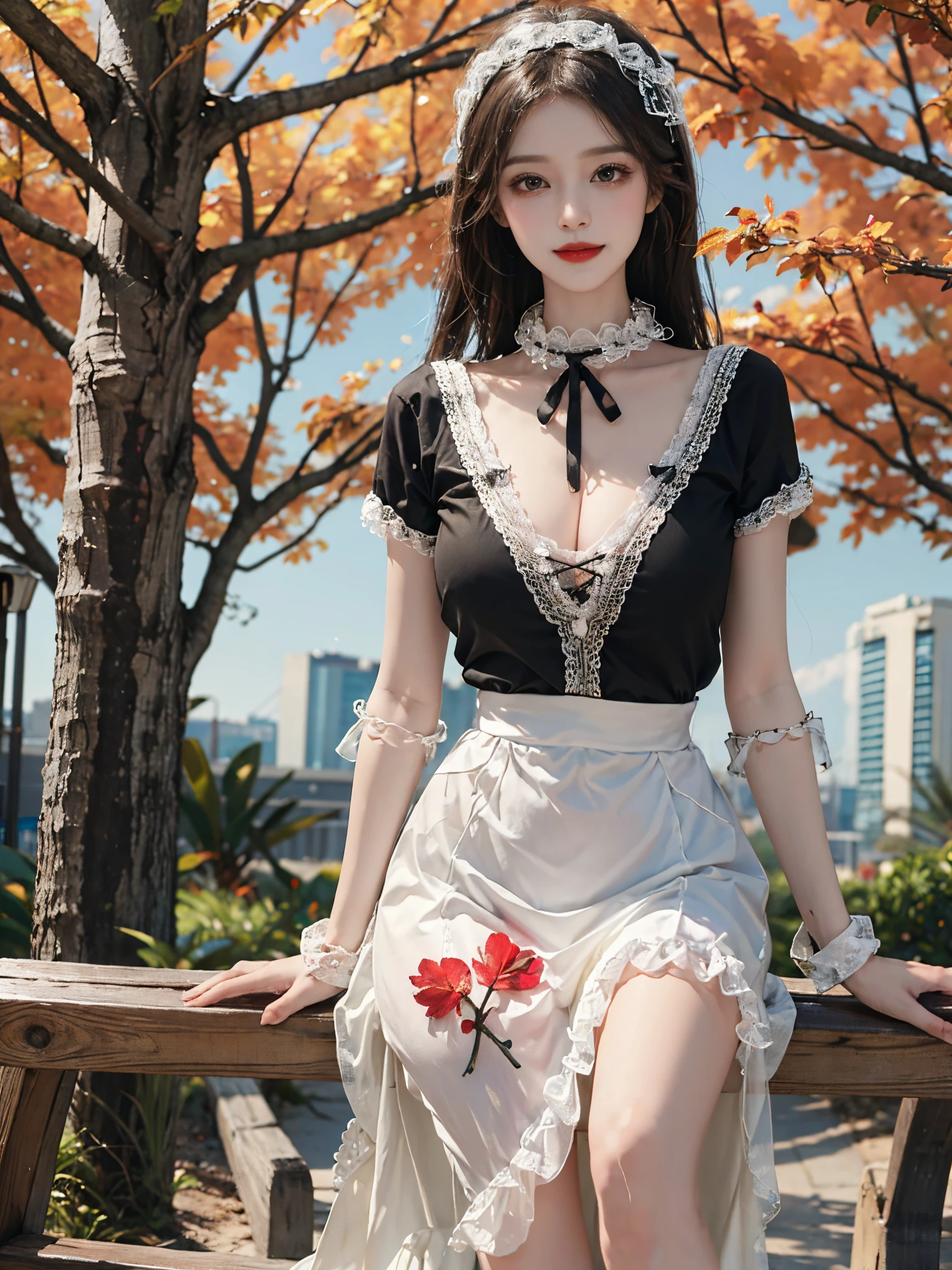 Special clothes39,maid, fashi-girl,red lips,mature female,makeup, (best quality,4k,8k,highres,masterpiece:1.2),ultra-detailed,realistic:1.37,portrait,beautiful girl,youthful female model,sweet girl,masterpiece,extremely detailed description,super fine painting,exquisite face,slim figure,long legs,smile,radiant smile, Sitting on the bench of the gazebo, autumn, autumn wind and leaves