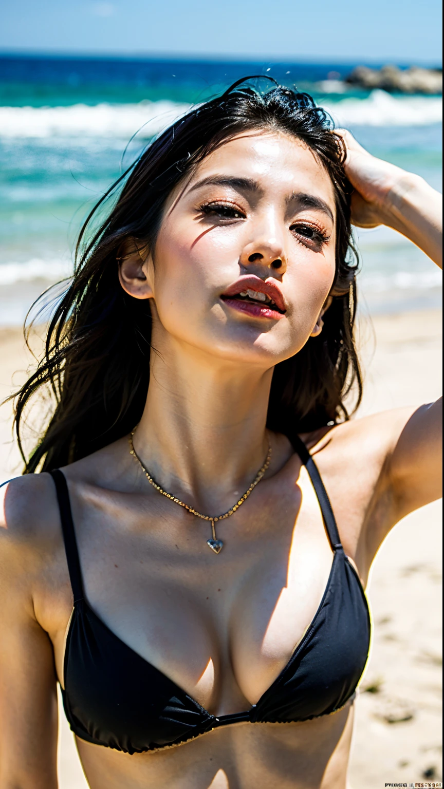 (Best Quality, 8K, 32 k, Masterpiece, UHD:1.2),Pretty Korean Woman Photo, Busty breasts, Long drooping black hair,upper half body,sface focus, necklaces, wearing bikini, Beach background, from above, looking up at viewer,