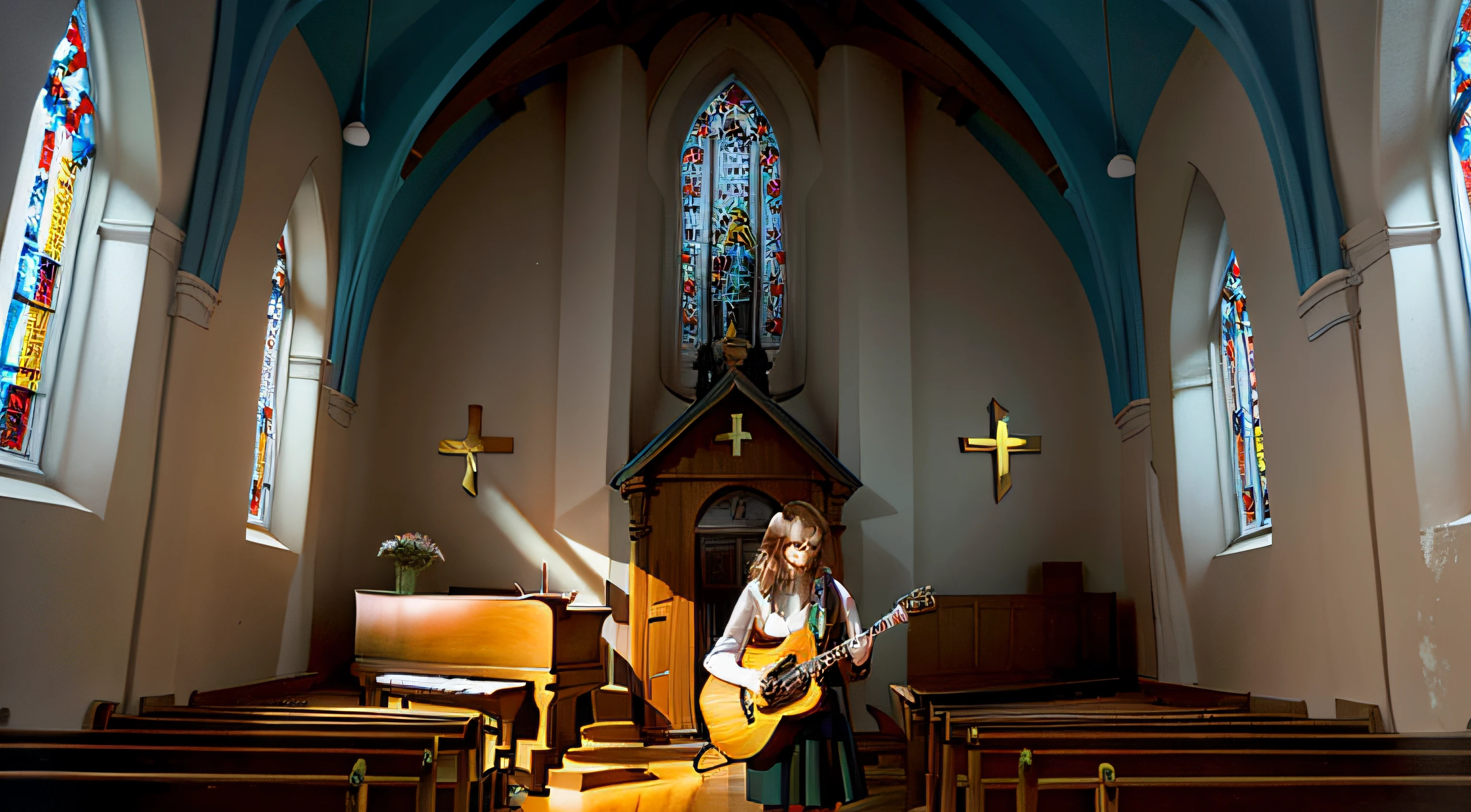 small protestant chapel, A female singer is playing the guitar and singing a song.