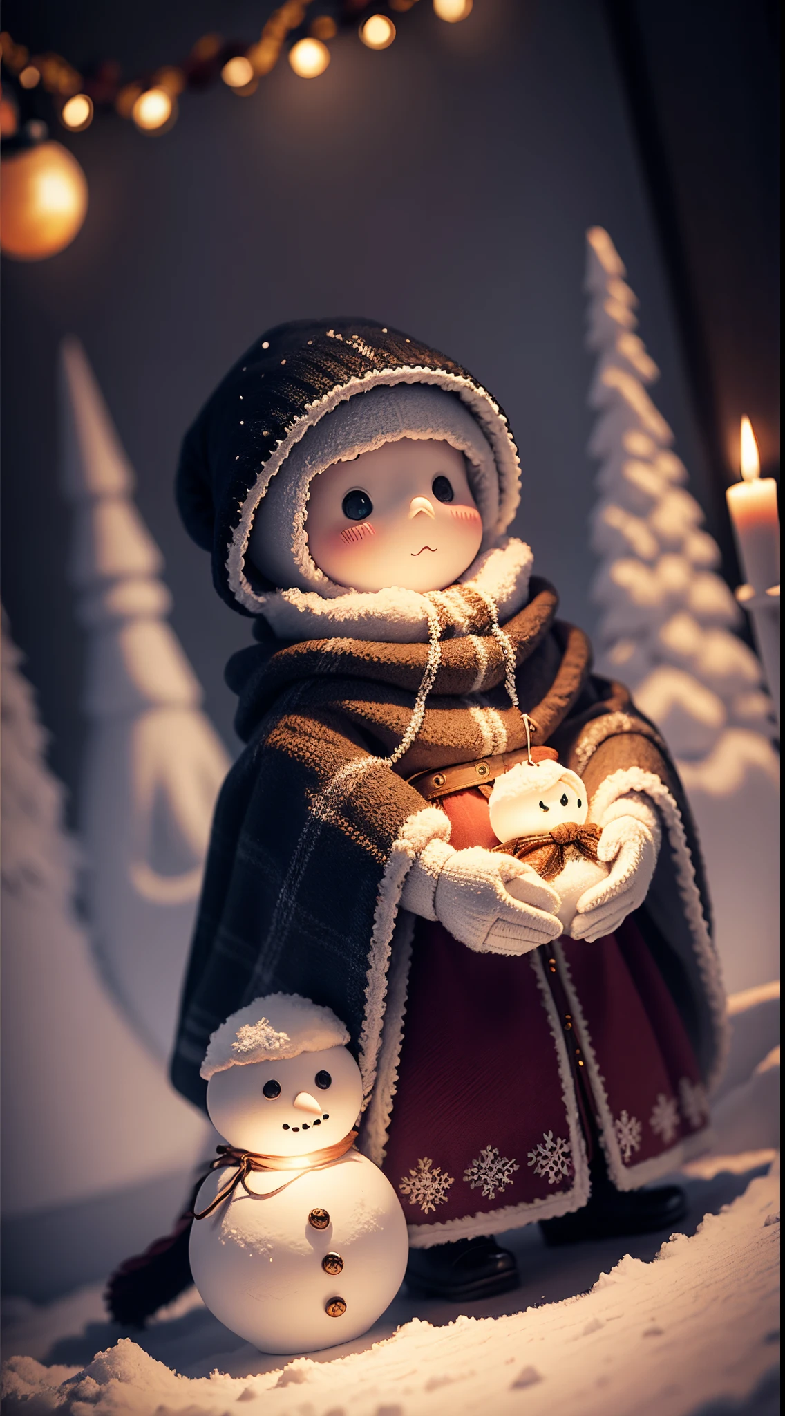 Under the cloak of night As the snow falls outside, a small knitted snowmen sits under the Christmas tree, a symbol of holiday cheer and the joy of giving . Nikon DSLR, with its High-key lighting, transforms the setting into a surreal, enchanting dreamscape. The miniature model's journey through the snowy night becomes a whimsical tale frozen in time.