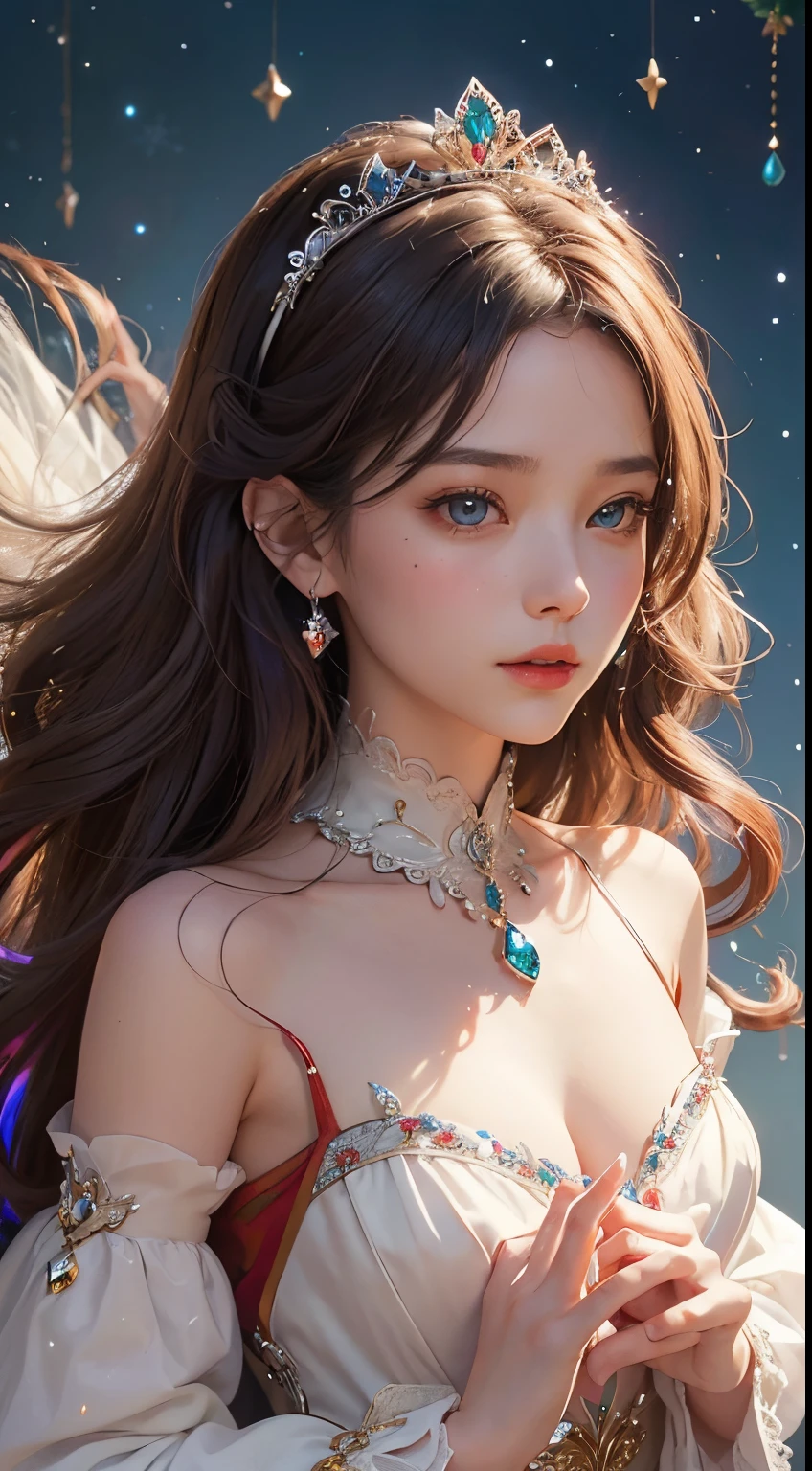 (top-quality、hight resolution、masterpiece)、(Photorealsitic)、(David Hamilton Style)、(softfocus)、Cinema Angle、ciinematic light、softlight、raytrace、(Land of Gems)、(Adorable Gem Princess、age19、Medium chest、)、(The majesty of the princess)、(Affectionate gaze)、(Detailed Vintage Portraits)、 Perfect face、Beautiful hairstyles、(ruby tiara)、 Detailed eyes, (Anatomically accurate hands and fingers)、Gorgeous Gem Outfits, (Christmas costume with delicate red and white design)、Crystal Brilliance、Luminous Gemstones、The brilliance of multicolored gemstones、fairytale、 Alice in Wonderland、jugendstil、colorful flower、The brilliance of the gemstone fills the space like a star、Background of sparkling water droplets dancing in the air、Unrealistic background、blured background、