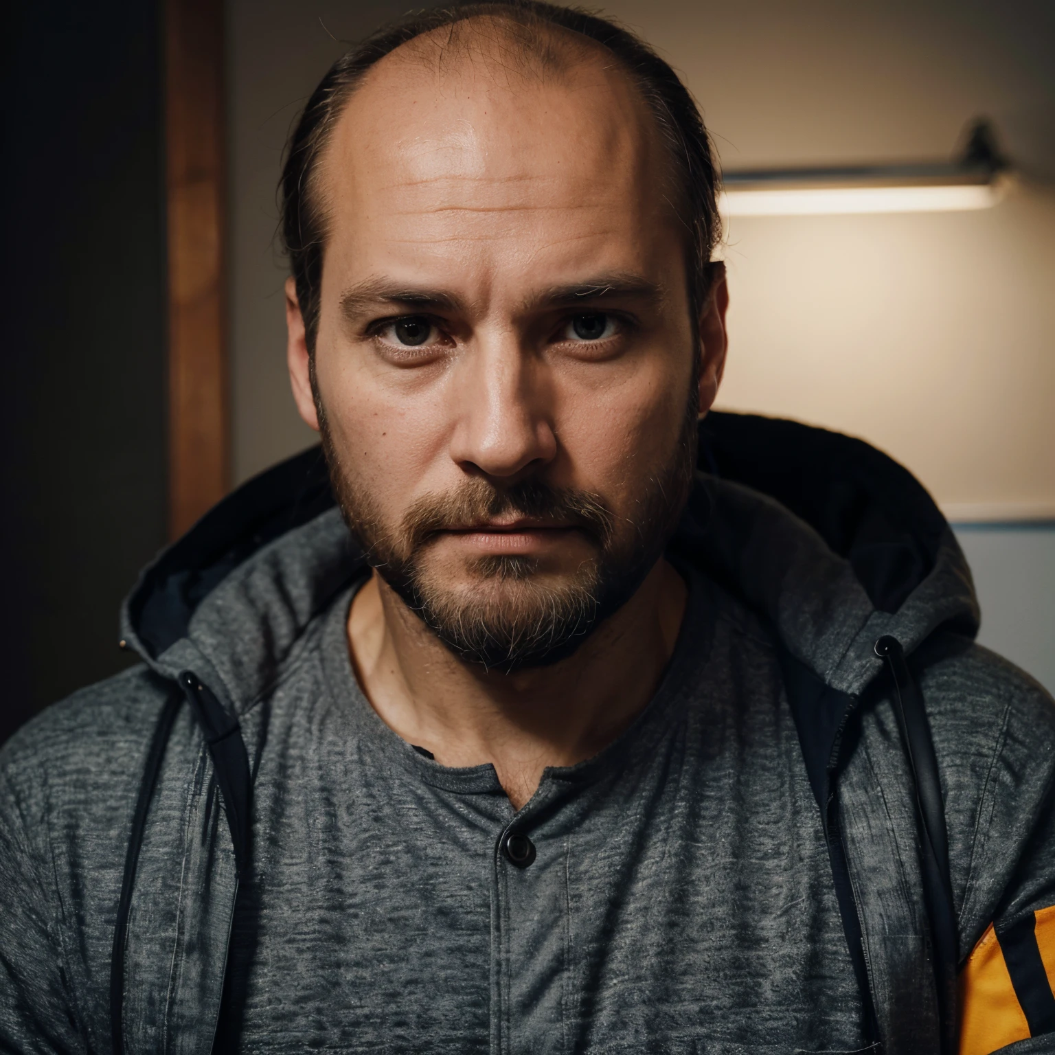 (a centrist politician:1.1,40 years old man,he has thinning hair,have beard,serious and professional expression,stting in office,political atmosphere,dull lighting),realistic,high-res portrait,studio lighting,neutral color tones, wearing puffer jacket