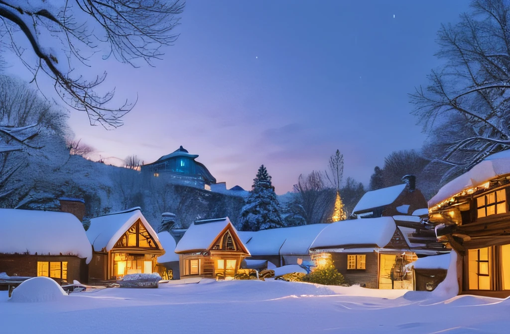 Wonderland Village,Village view,Lots of snow on the ground, magical village, well-lit building, Snowy winter,blanketed in a mantle of snow, quaint village, winter setting, Suffocating, very magical and dreamy, ,It will snow in winter,natural, Cold but beautiful,