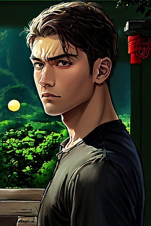 Young man, in his early twenties, tall and well-built, with dark brown or black hair, firm and expressive eyes, with anger and contempt, a serious and focused expression with a hint of arrogance, wearing simple and practical clothes, Suitable for a person from the countryside, standing in a remote mountain village with traditional Chinese architecture and lush green trees, a realistic art style that emphasizes strength and movement, anger and contempt in the eyes, a sense of mystery and conspiracy,