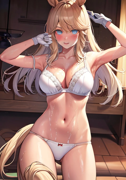 quality, super detailed anime super detail, tmasterpiece, Anatomically correct, Hands are very thin, (Horse girl: 1.6), Horse Ear, horse tailed, red tide, sexually arousing, (: 1.5), bigger, upper legs, sweaty, stuffy, Ahegao, Trogao, Long gloves to the elbows, whitegloves, Really moist skin, (Drenched Body: 1.3), Eye of detail, 's,, Armpits, Bedrooms, lamplight, Feeding: 1.6), (white underwear only: 1.6), deformity, There are stripes on the crotch, visible through lingerie