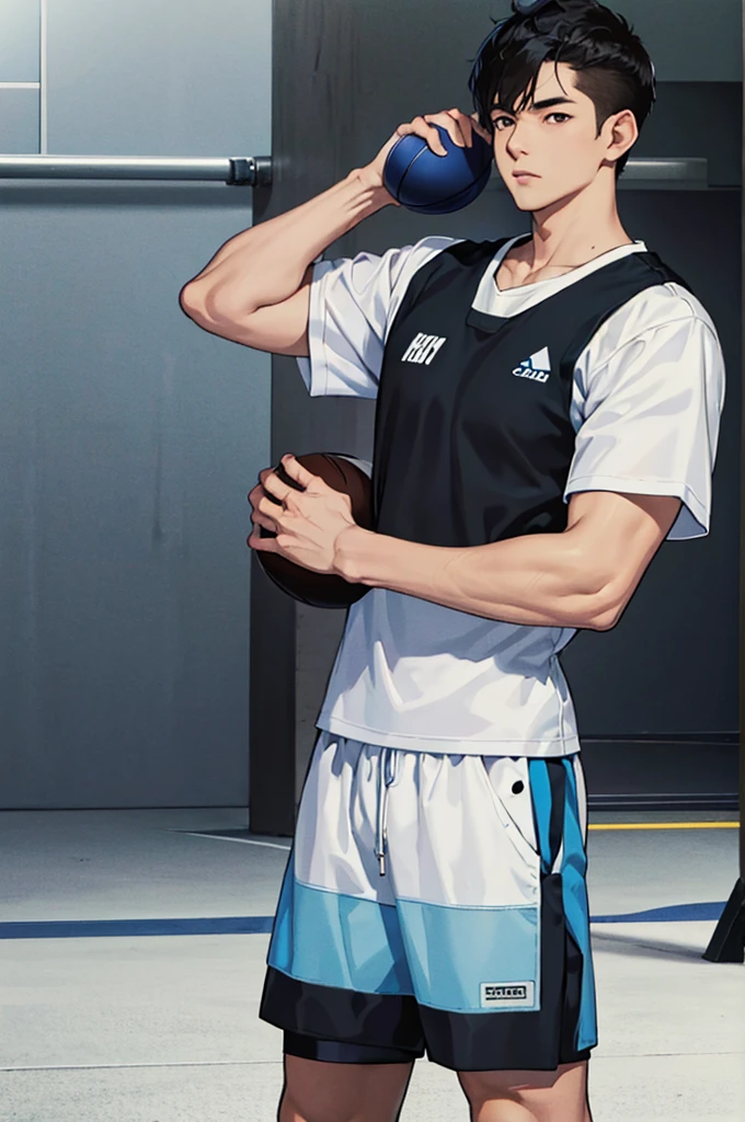 Ryota Sato, man, alone, college student, basketball in hand, gym, manly, short-cut black hair, light blue uniform, masterpiece