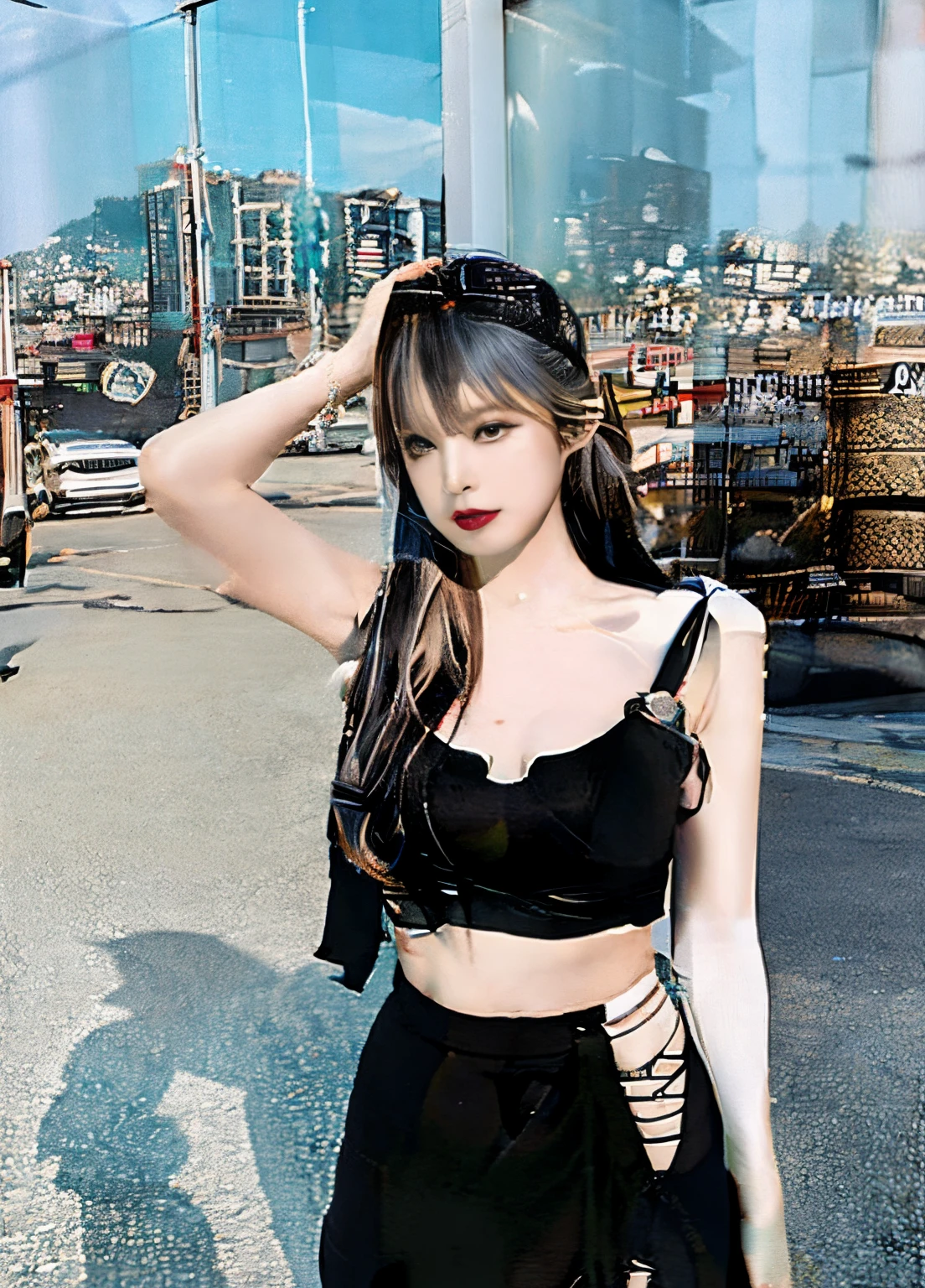 (top-quality, ​masterpiece: 1.1), 1girl in, The whole body from head to toe, In the hustle and bustle of the city, sideways pose with butt sticking out, beauty of 30 years old, She is wearing a revealing ribbed solid slit dress......, Bewitching waist, sexypose, Looking at the camera, Transparent ribbed solid slit dress,  Transparent ribbed solid slit dress with plunging neckline, No bra, Sexy Beauties, Nipple protrusions reflected in a ribbed slit dress, Crystal clear white skin, Gold accessories on hands and feet, skin glistening with sweat, Black stockings, high-heels,