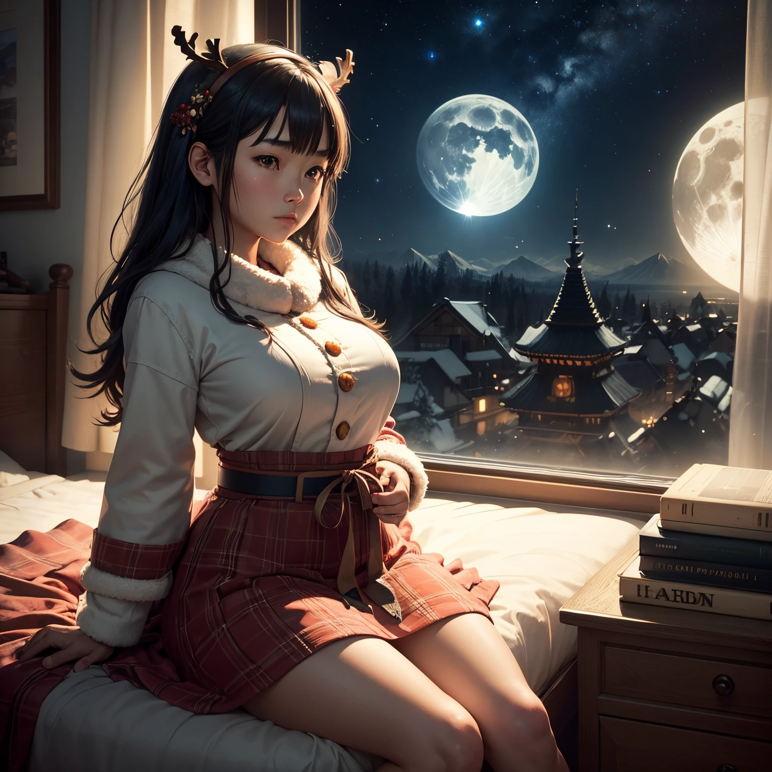 Hiroyuki Asada, Esao Andrews, A E Marty, Surreal, mysterious, bizarre, fantastic, fantasy, sci-fi, Japanese anime, a beautiful high school girl who spends Christmas relaxing in her room, perfect voluminous body, Santa and his reindeer sleigh flying through the air outside the window, moonlight, spaceships, walking snowmen, detailed masterpiece cinematic lighting