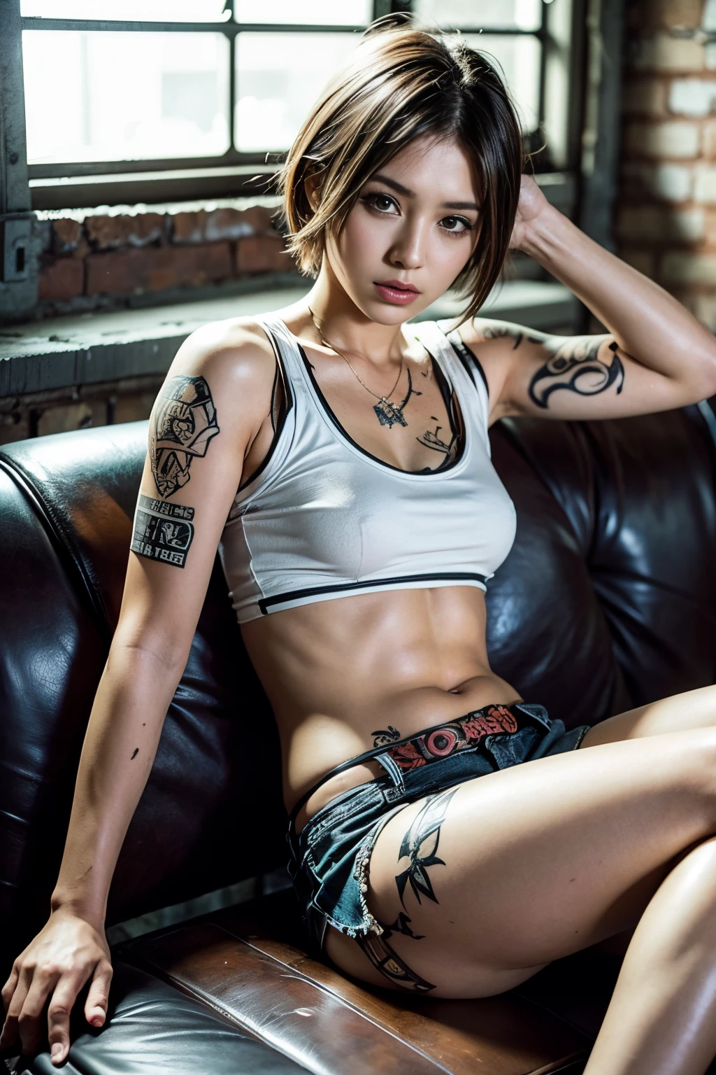 Brown hair belly short hair、Dirty white tank top、Flower tattoos on both arms、Realistic skin texture、28 year old 、punk、Tattoos all over the body 、Leather sofa in an abandoned factory、Old table、Woman sitting、Rugged look